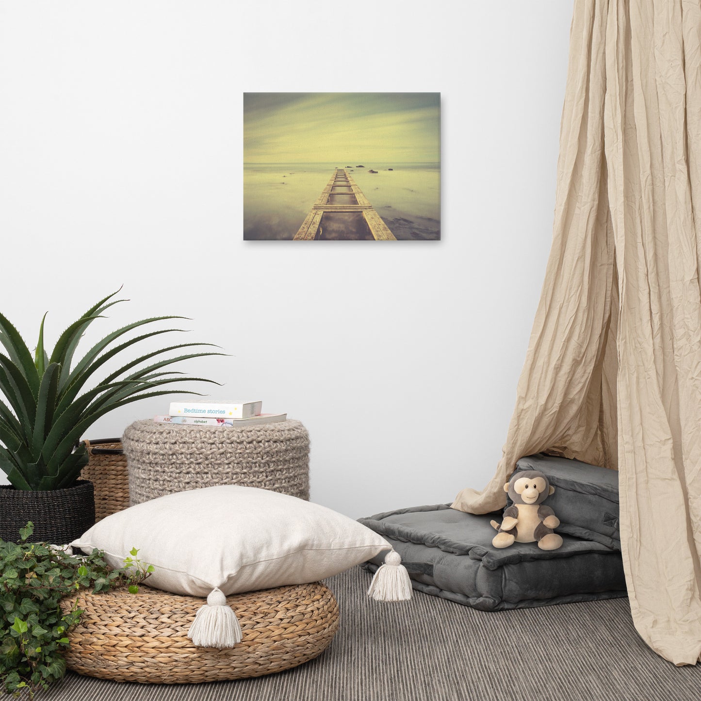 Moody Ocean and Sky Wooden Pier Landscape Photo Canvas Wall Art Prints
