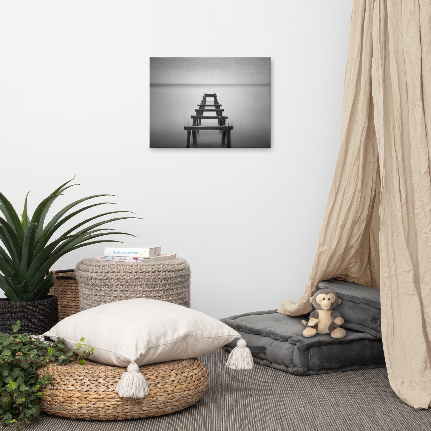Soft Lake and Abandoned Pier Black and White Landscape Photo Canvas Wall Art Prints