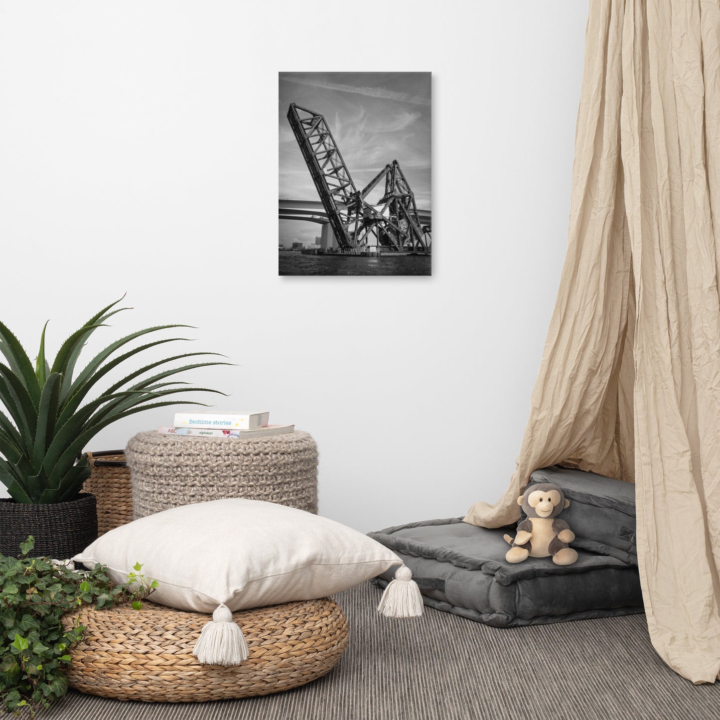 Train Drawbridge Jacksonville 2 Black and White Canvas Wall Art Print