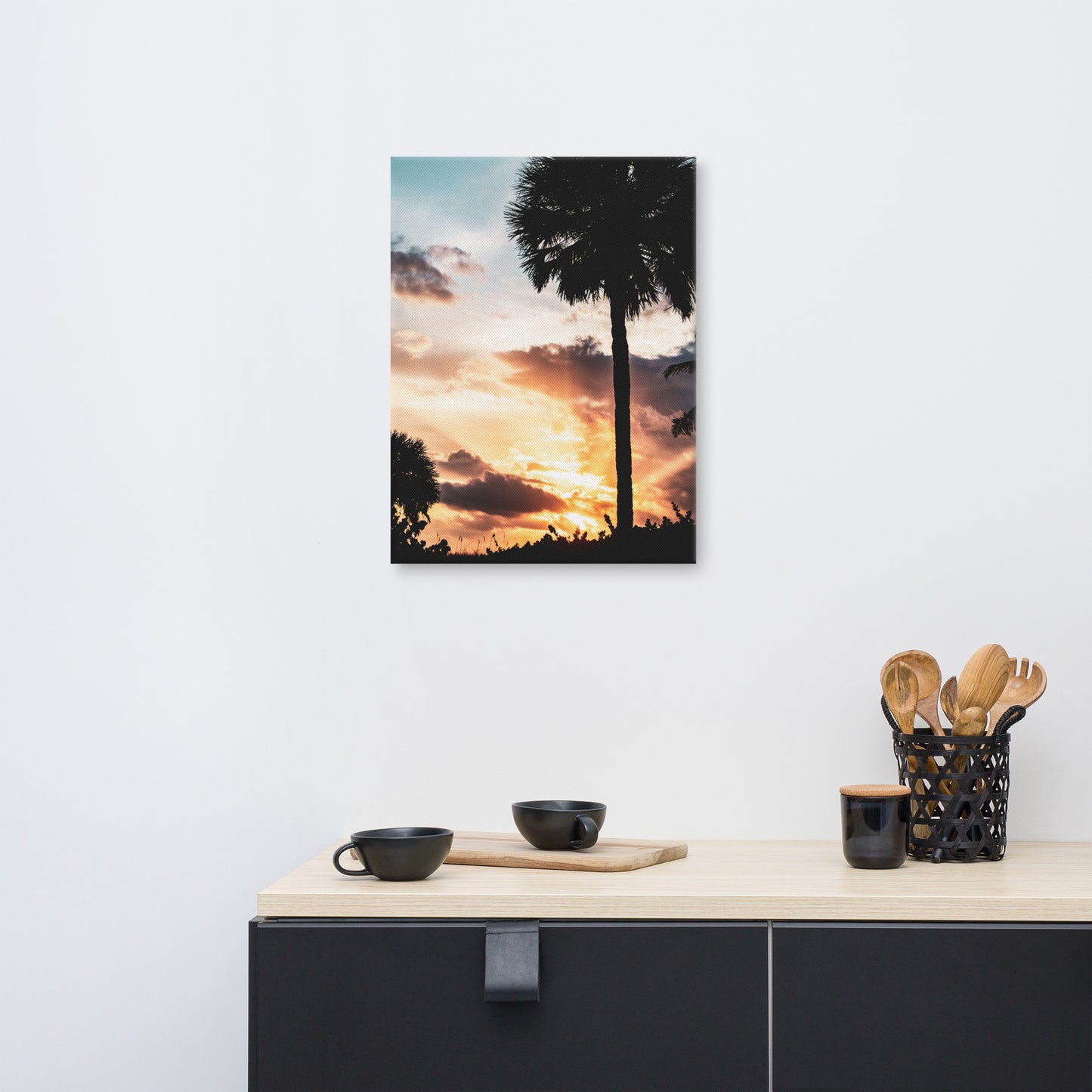 Palm Tree Silhouettes and Sunset Botanical Nature Canvas Wall Art Prints