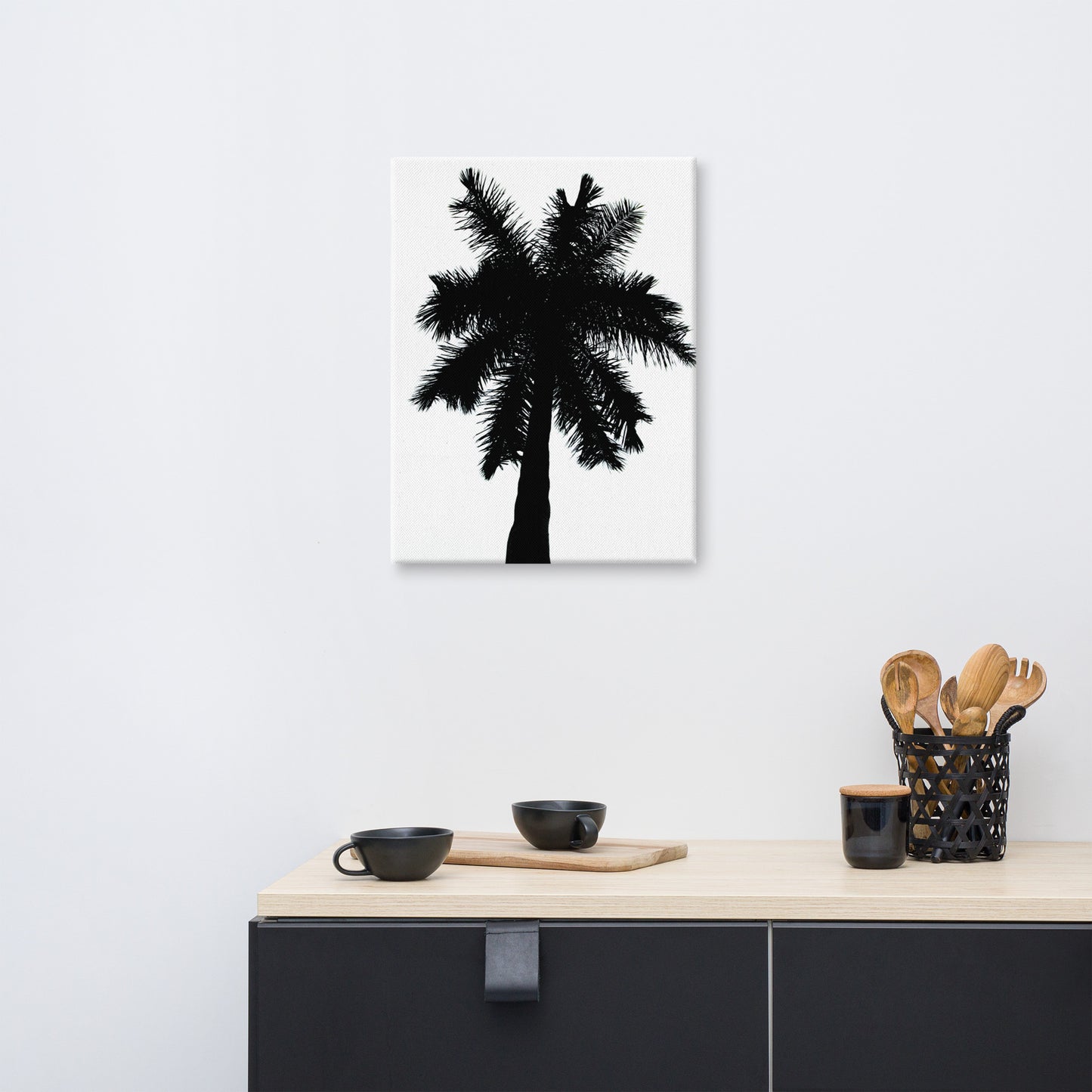 Palm Tree Silhouette on Pure White Botanical Nature Canvas Wall Art Print