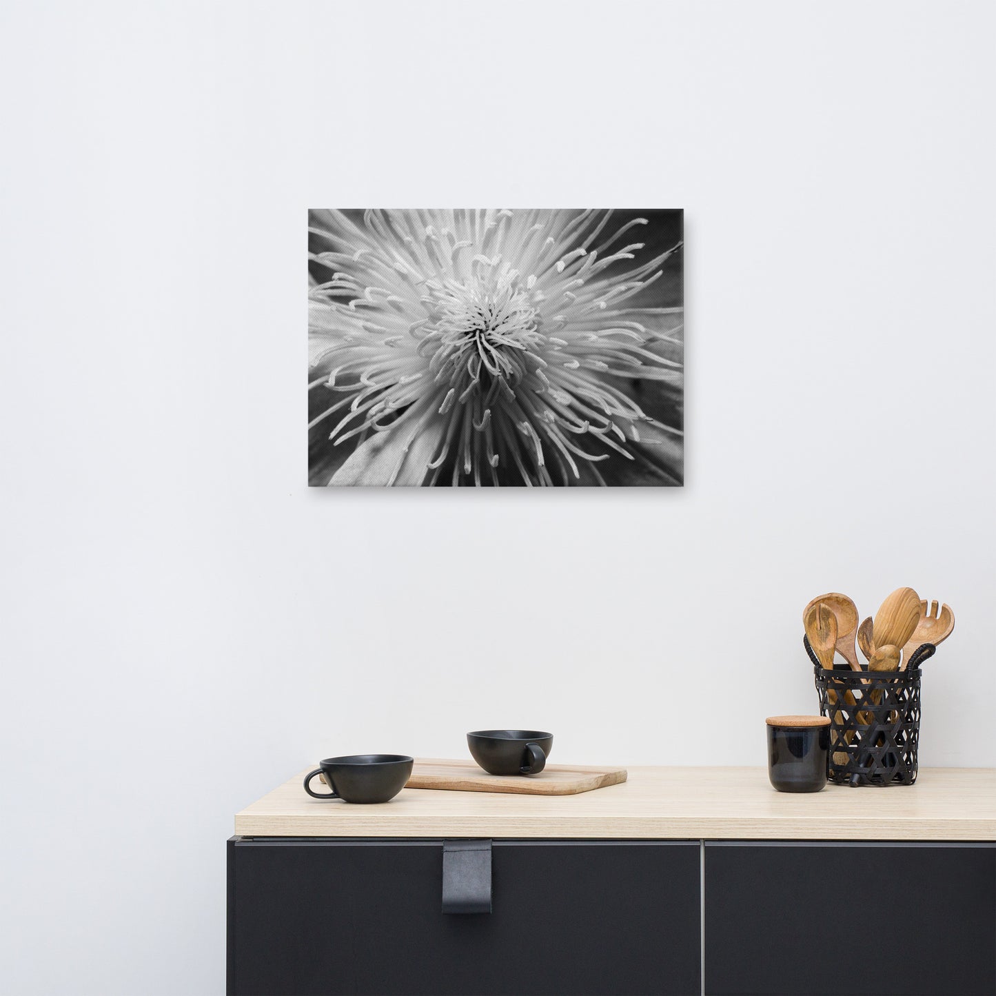 Center of Clematis Black and White Floral Botanical Nature Photograph Canvas Wall Art Prints