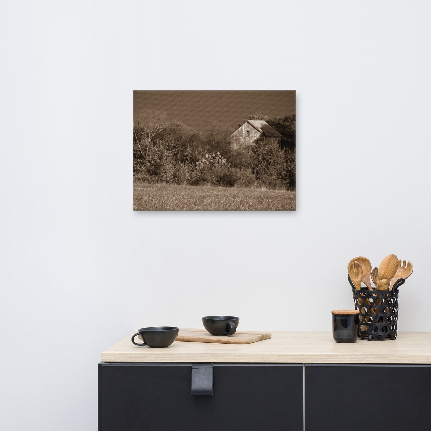 Farmhouse Wall Hangings: Country Farmhouse Wall Decor: Abandoned Barn in The Trees Sepia - Rural / Rustic / Country Style / Landscape / Nature Canvas Wall Art Print - Artwork