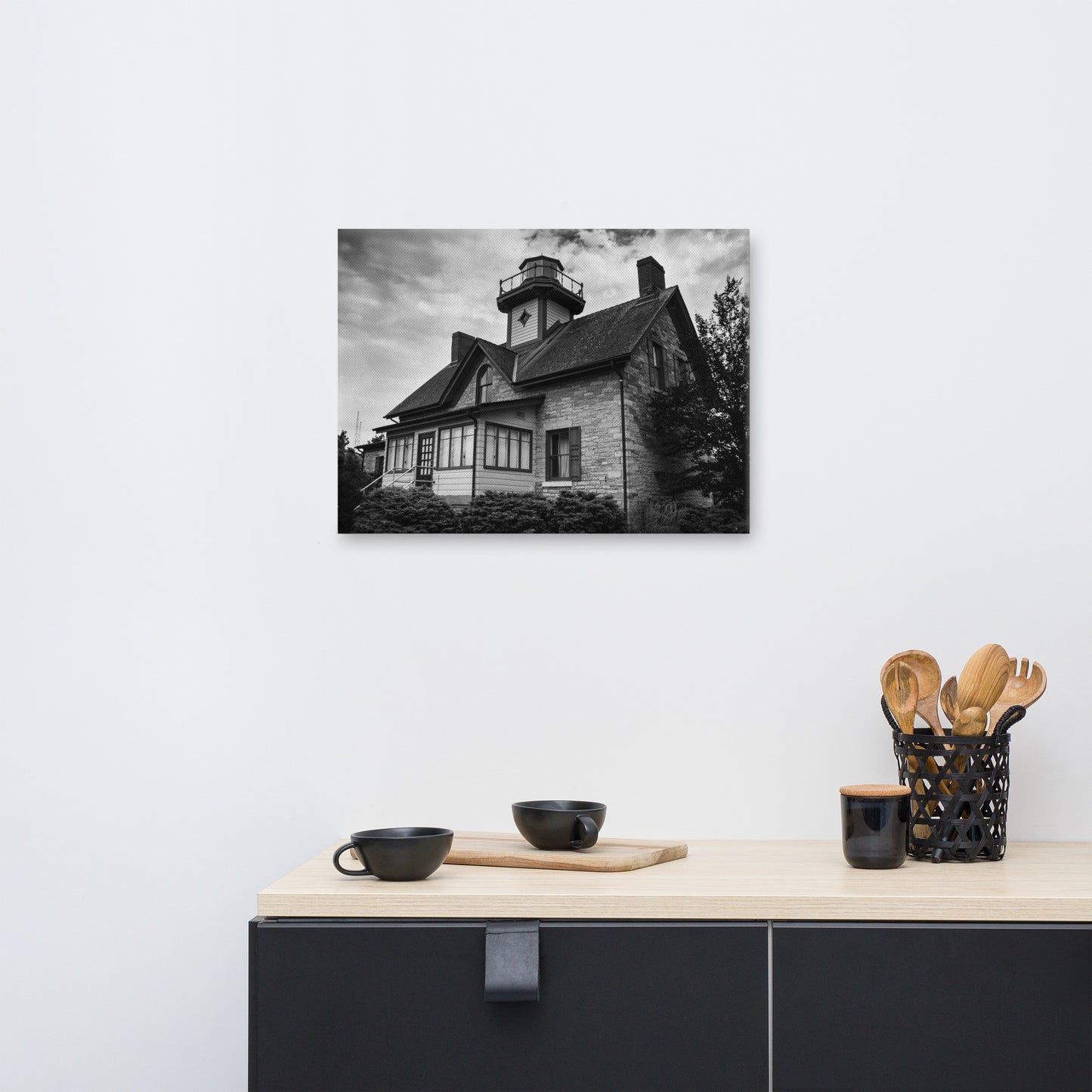 Cedar Point Lighthouse in Black and White Coastal Landscape Canvas Wall Art Prints