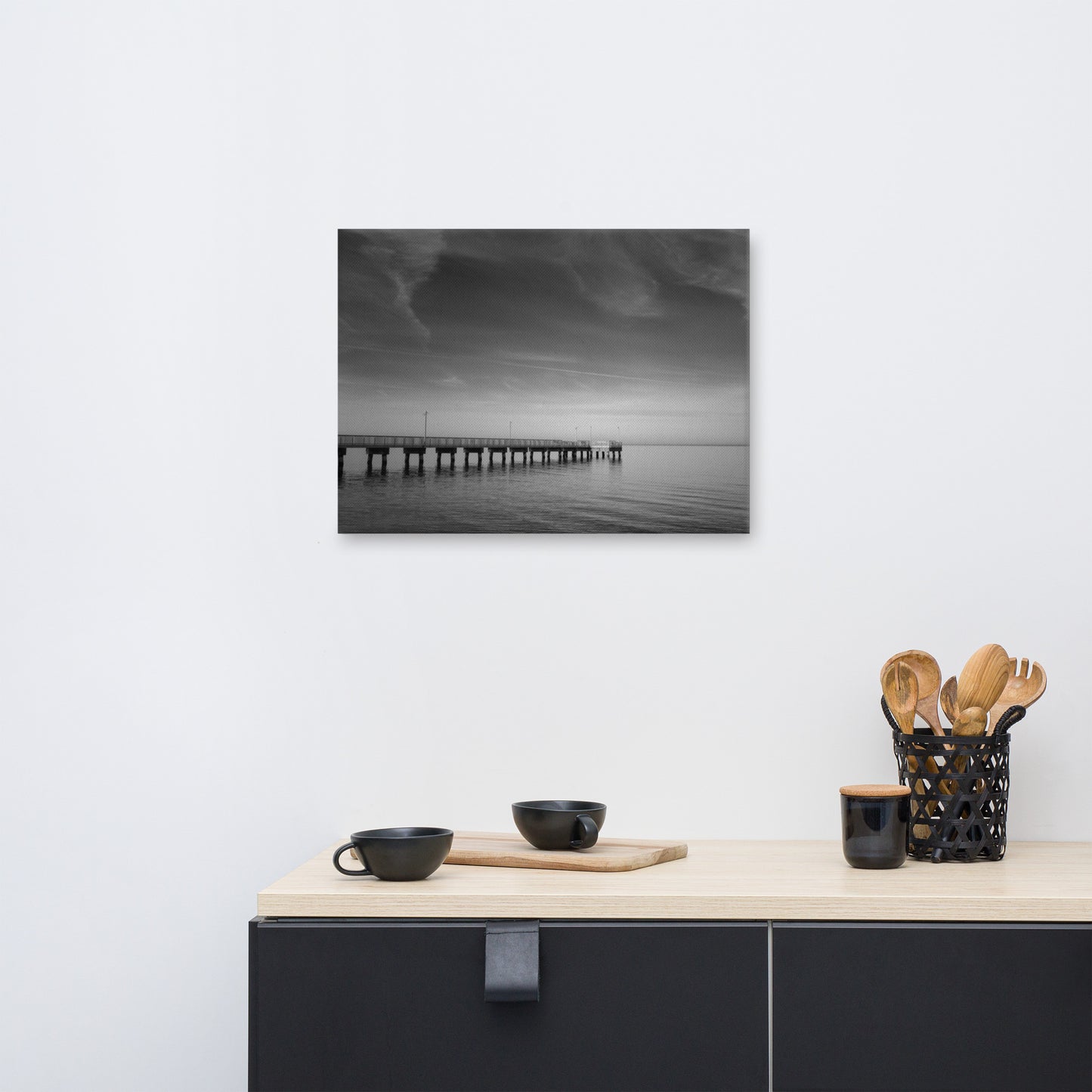End of the Pier Black and White Coastal Landscape Canvas Wall Art Prints