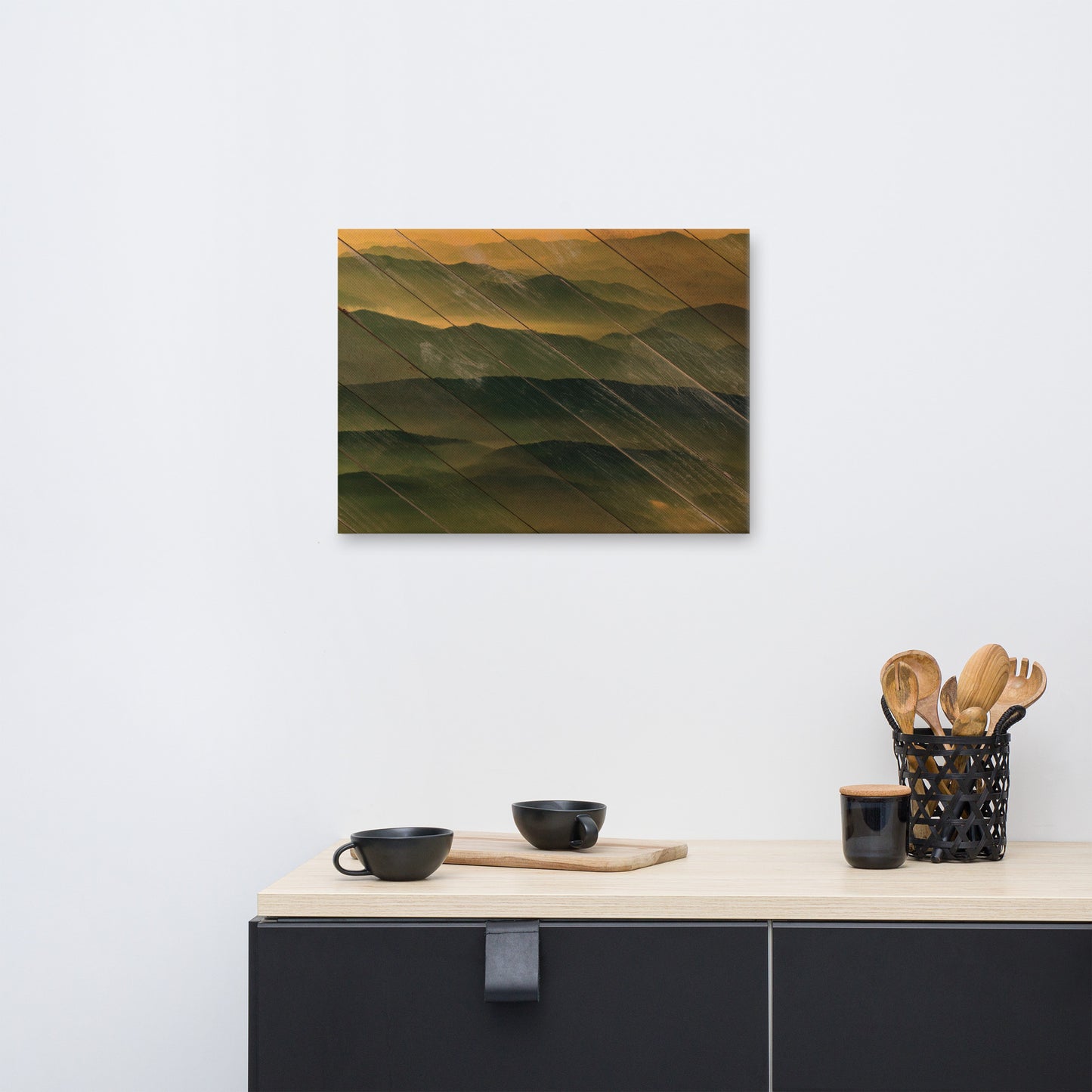 Faux Wood Foggy Mountain Layers at Sunset Rural Landscape Canvas Wall Art Prints