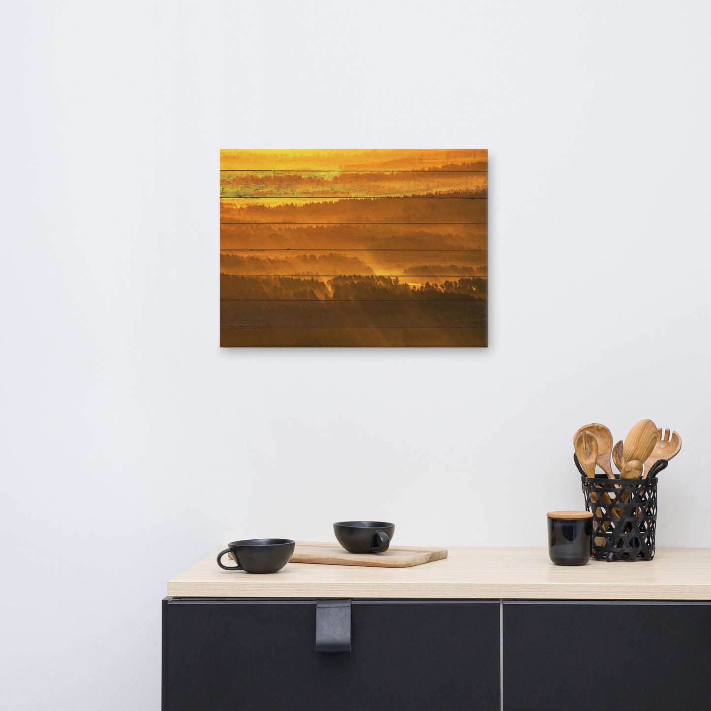 Faux Wood Golden Mist Valley - Hills & Mountain Range Rural Landscape Canvas Wall Art Prints