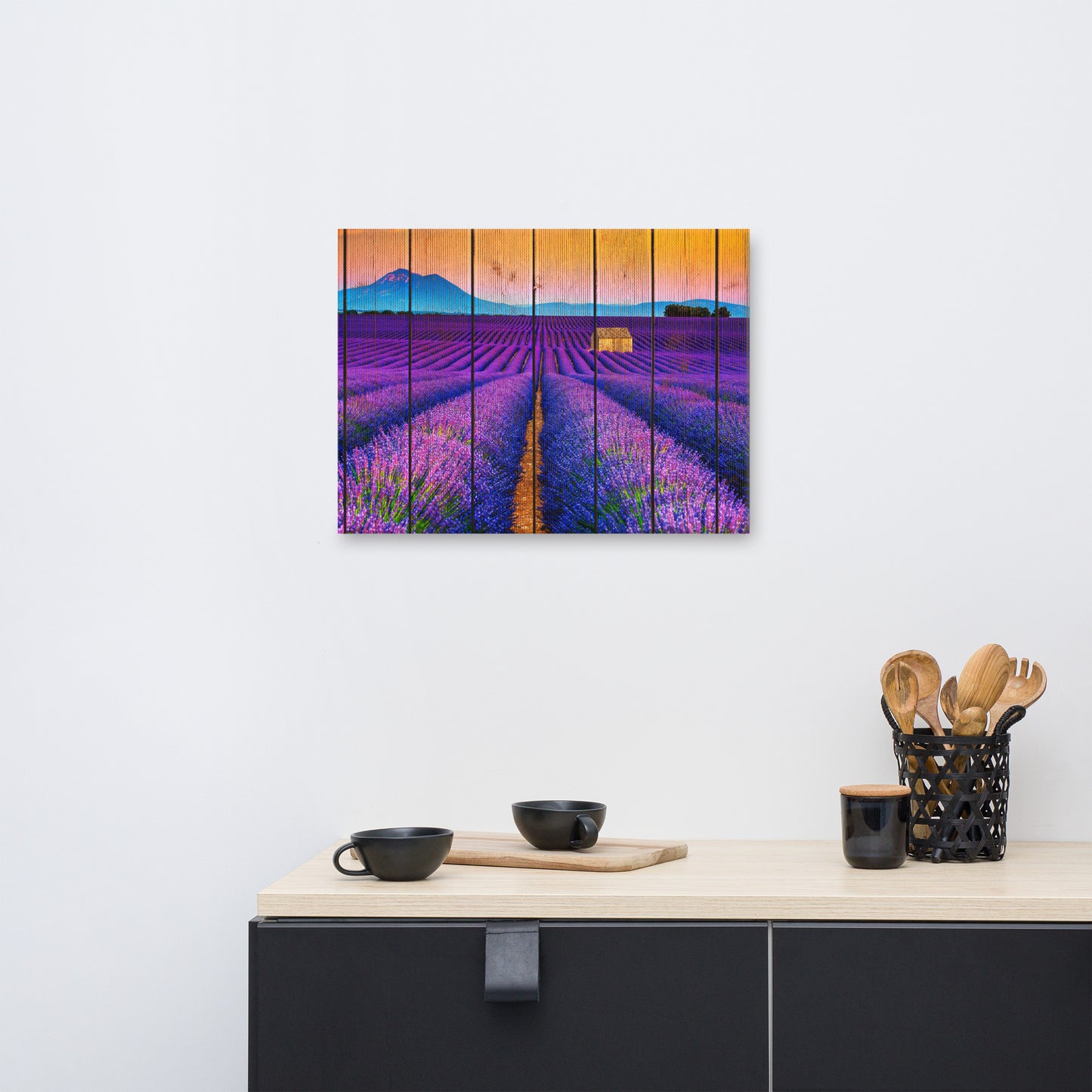 Faux Wood Lavender Fields and Sunset Farmhouse Style Floral Landscape Photograph Canvas Wall Art Prints