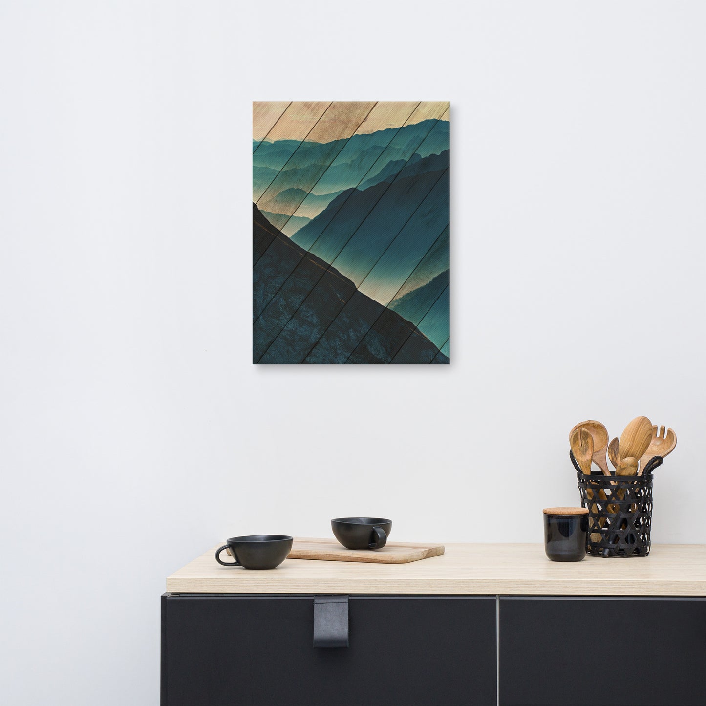 Faux Wood Misty Blue Silhouette Mountain Range Rural Landscape Canvas Wall Art Prints