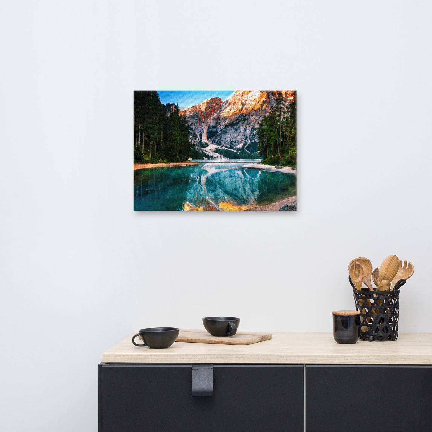Faux Wood Misty Lake and Snowcap Mountain Reflections Rural Landscape Canvas Wall Art Prints