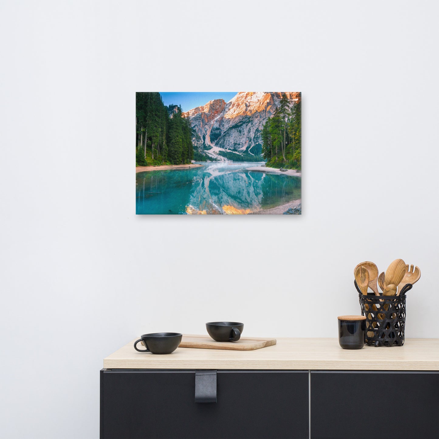 Country Kitchen Artwork: Misty Lake and Snow-cap Mountain Reflections - Rural / Country Style / Rustic / Landscape / Nature Photograph Canvas Wall Art Print - Artwork - Wall Decor