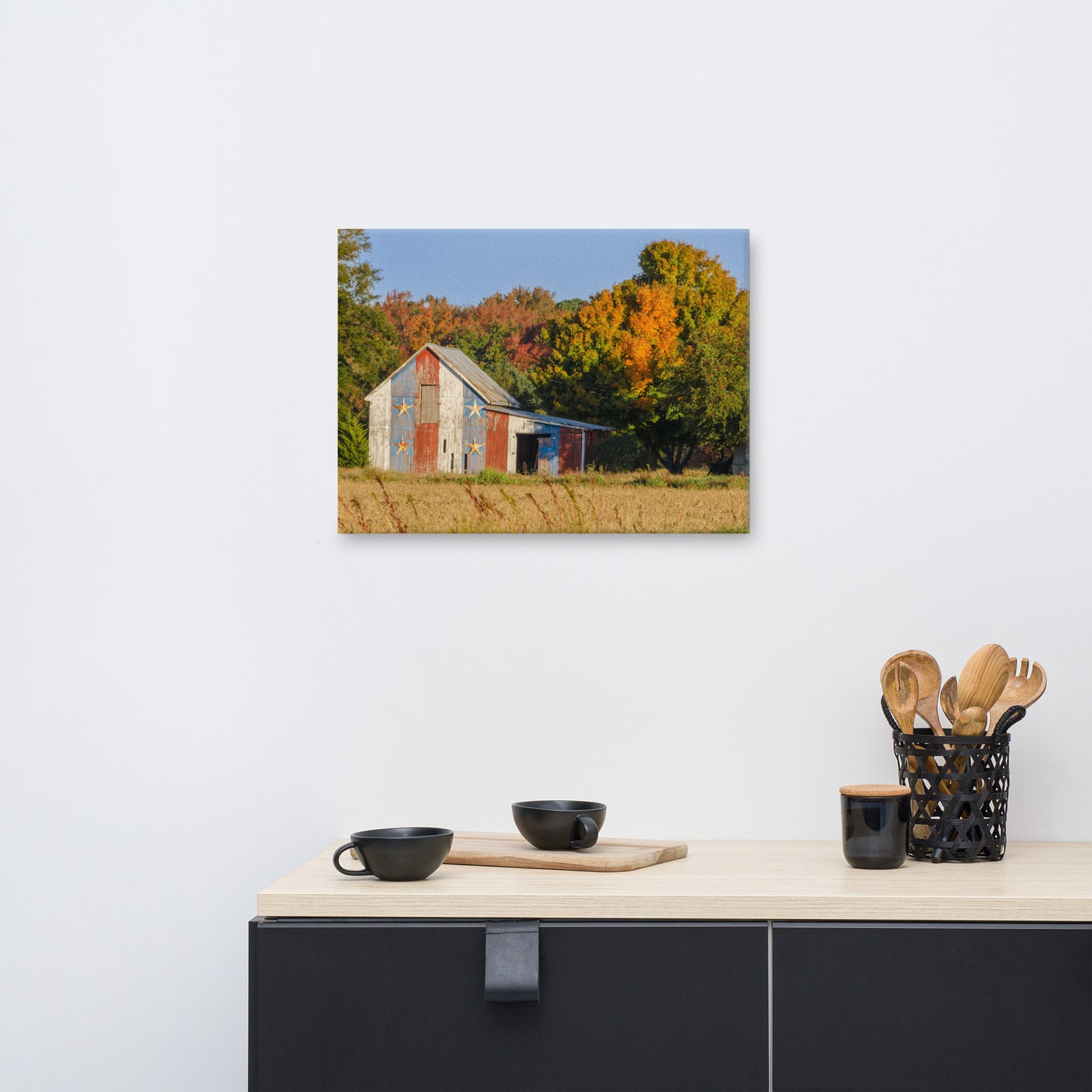 Patriotic Barn in Field Color Rural Landscape Photograph Canvas Wall Art Prints