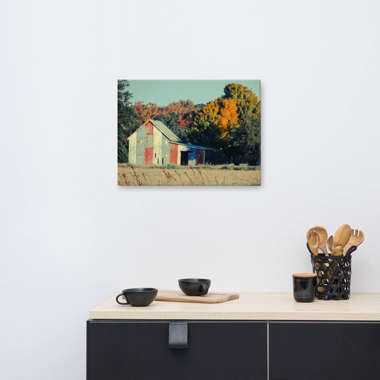 Patriotic Barn in Field Cross Processed Rural Landscape Photo Canvas Wall Art Prints