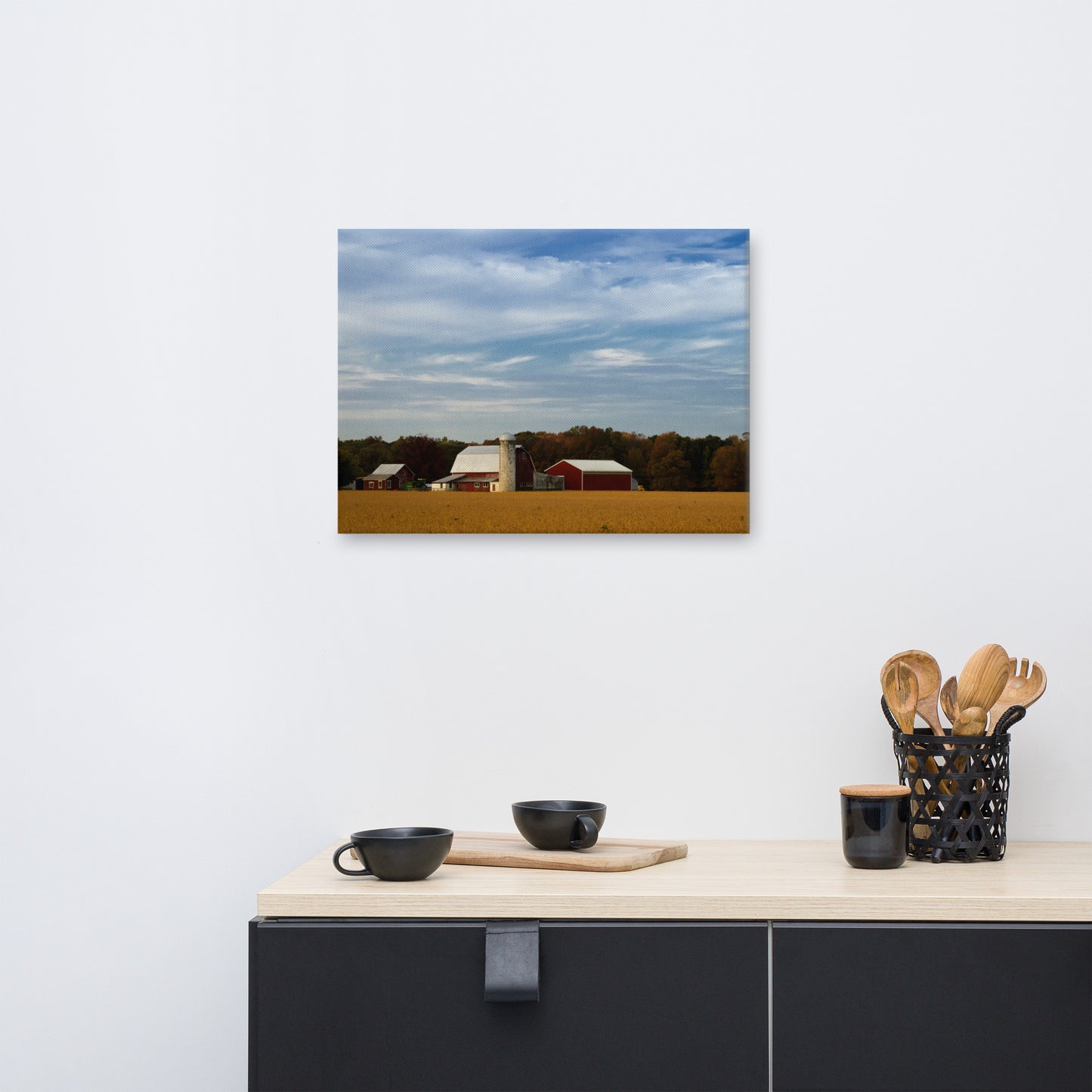 Red Barn in Golden Field Traditional Color Rural Landscape Canvas Wall Art Prints