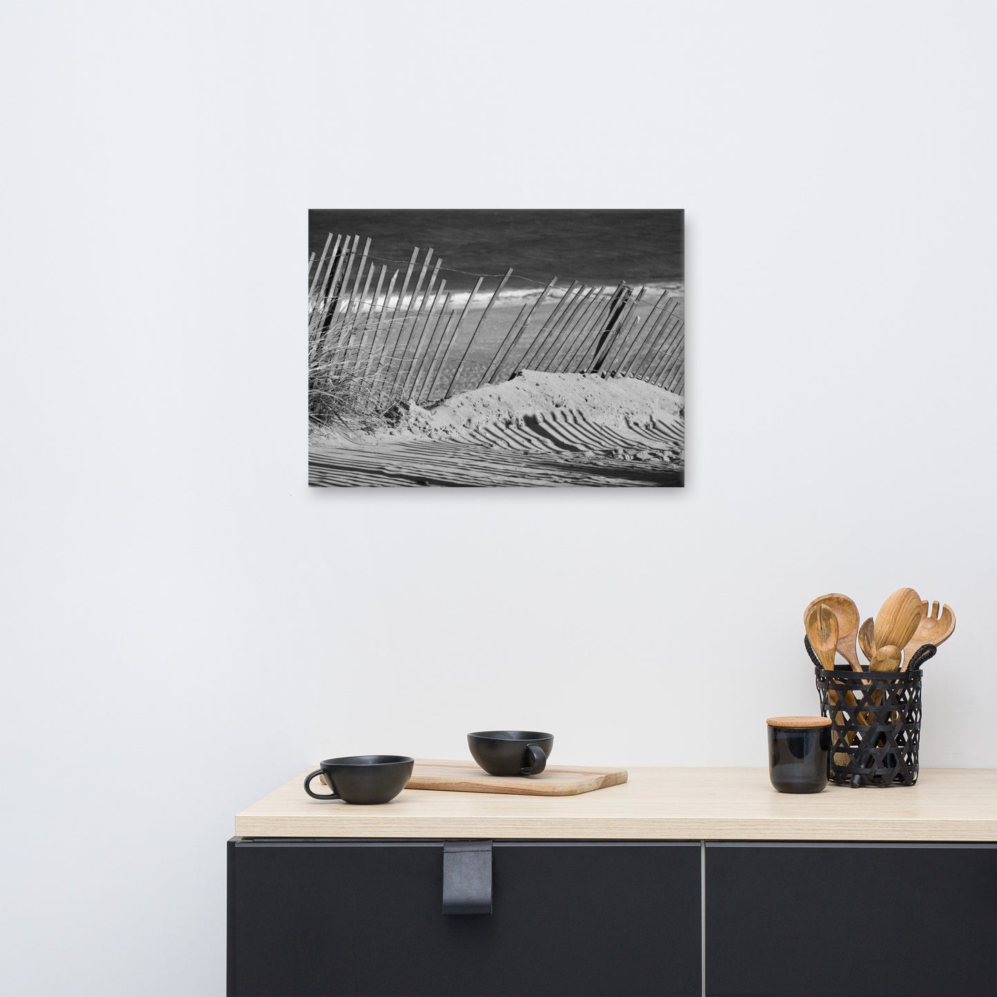 Sandy Beach Fence Black and White Coastal Landscape Canvas Wall Art Prints