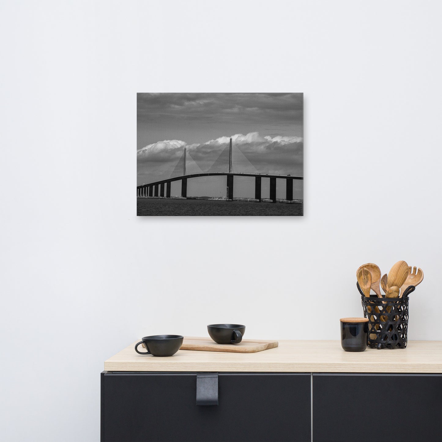 Skyway Bridge Black and White Coastal Landscape Canvas Wall Art Prints