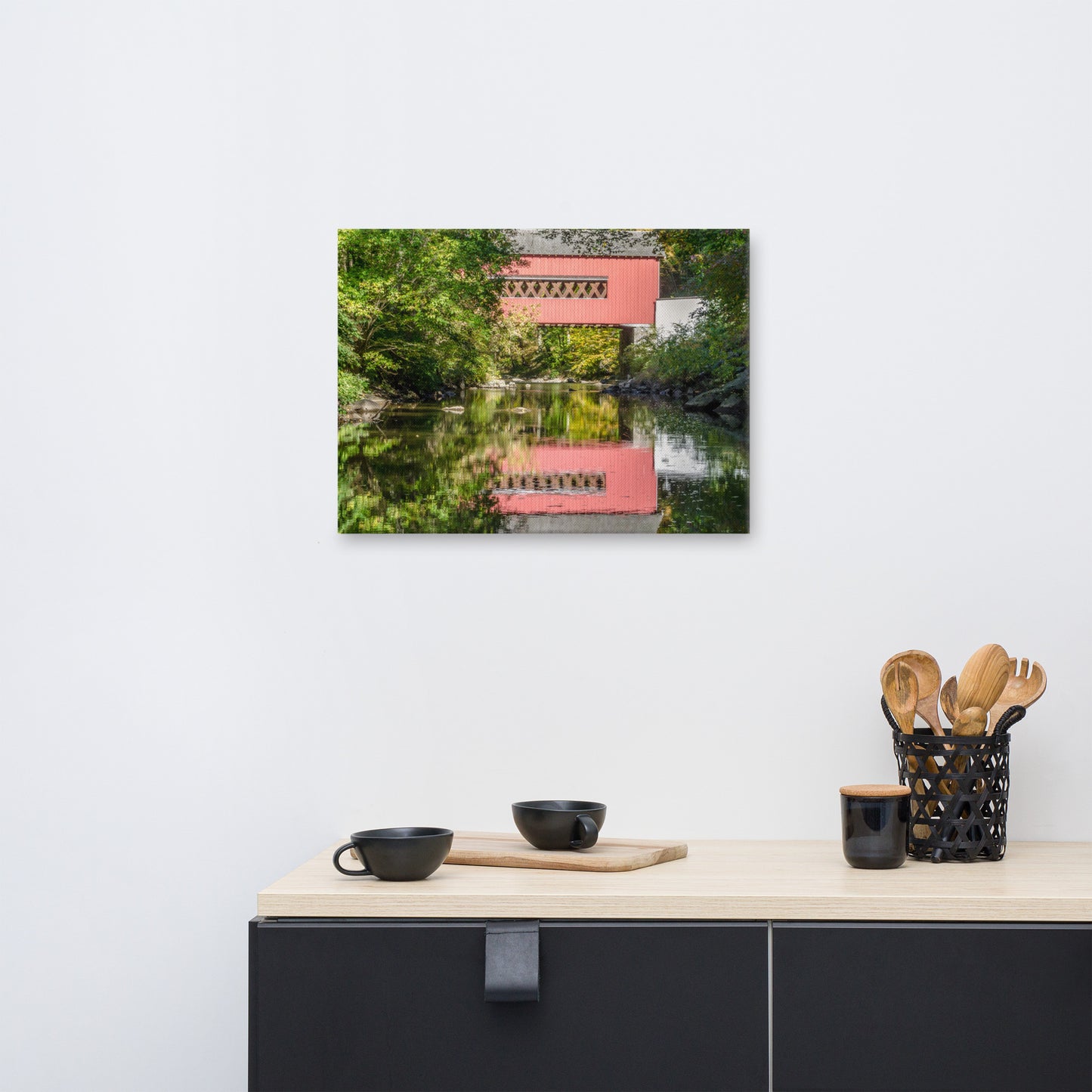 The Reflection of Wooddale Covered Bridge Rural Landscape Canvas Wall Art Prints