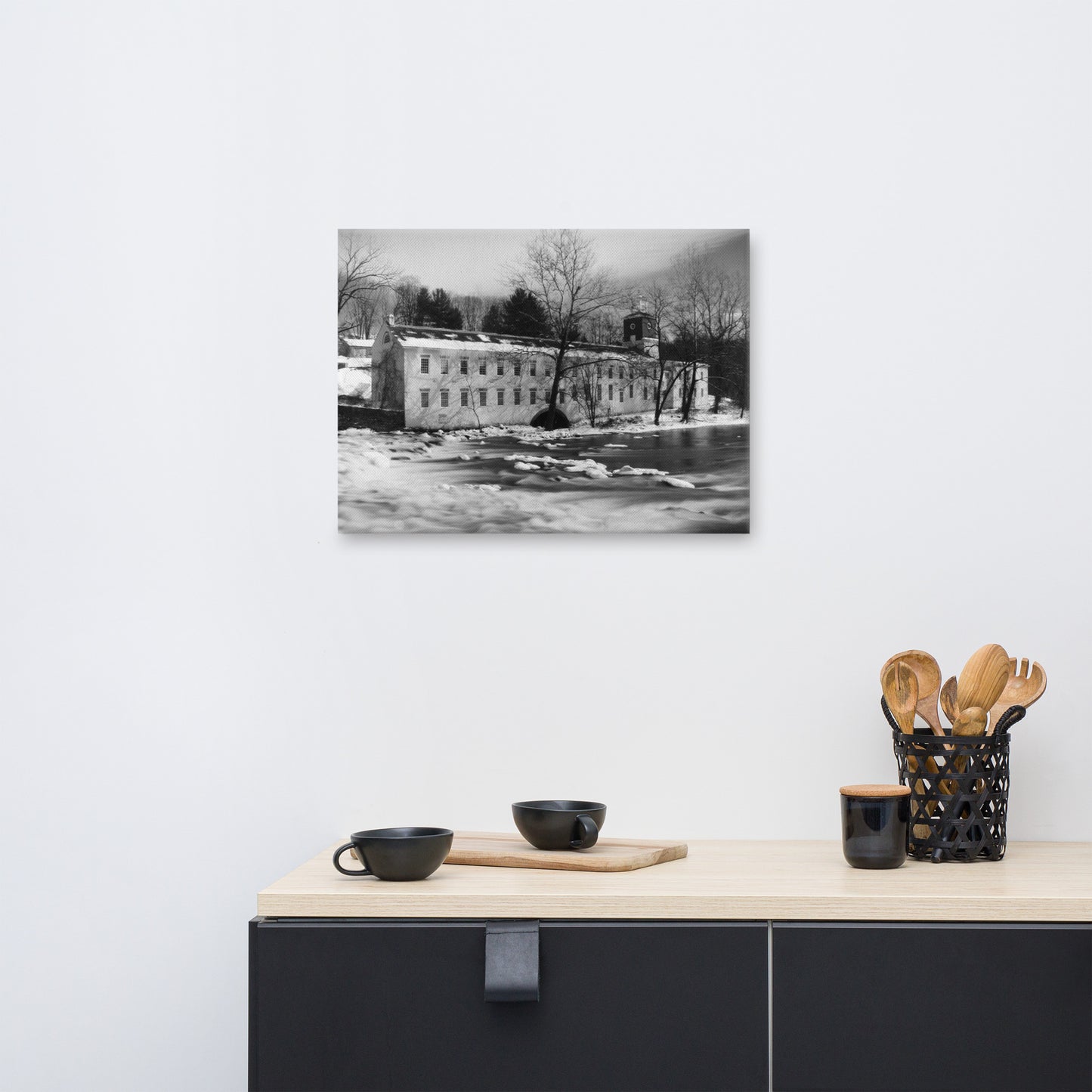 Winter at Powder Mill Black and White Rural Landscape Canvas Wall Art Prints