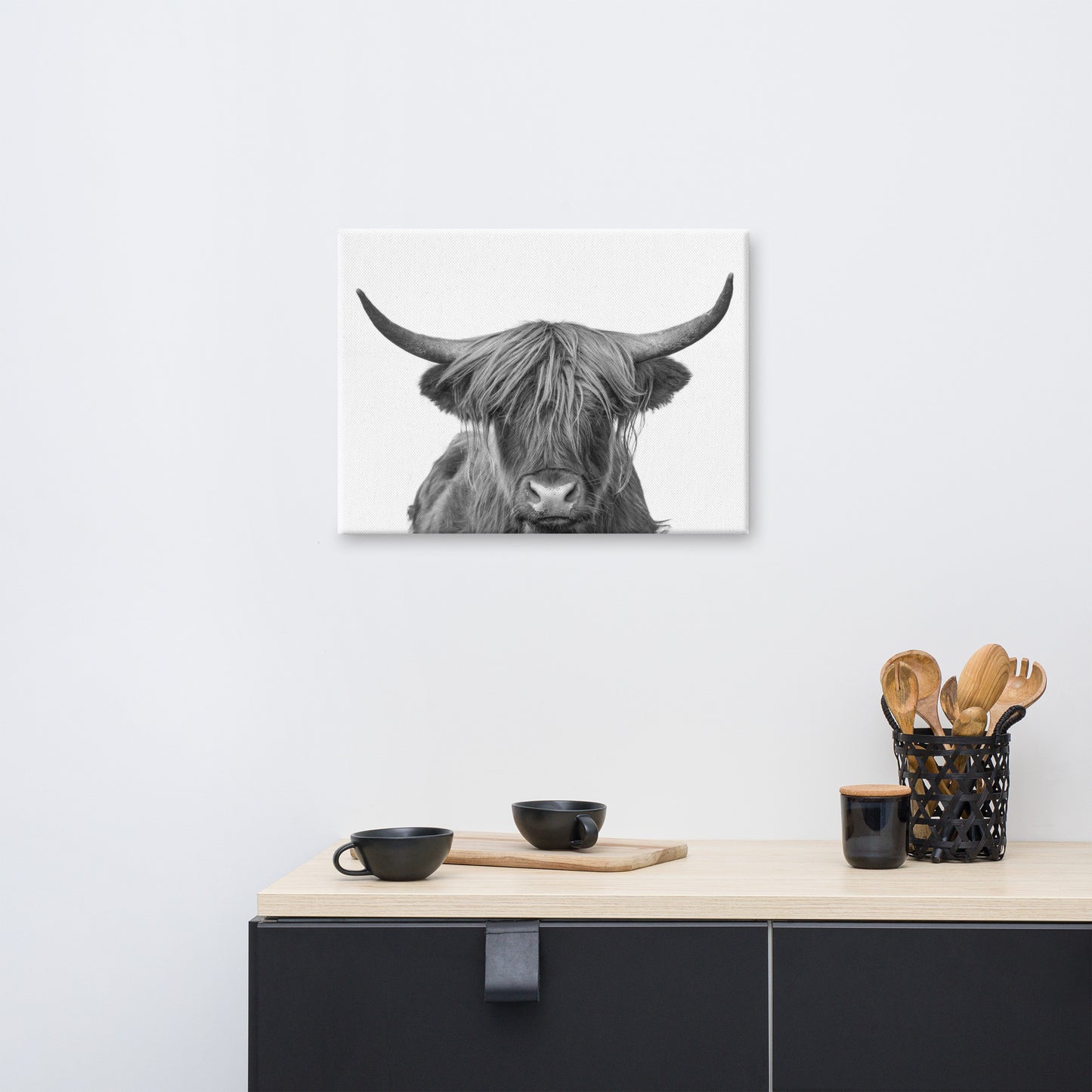 Highland Cow Black and White Wildlife / Animal Photograph Canvas Wall Art Print
