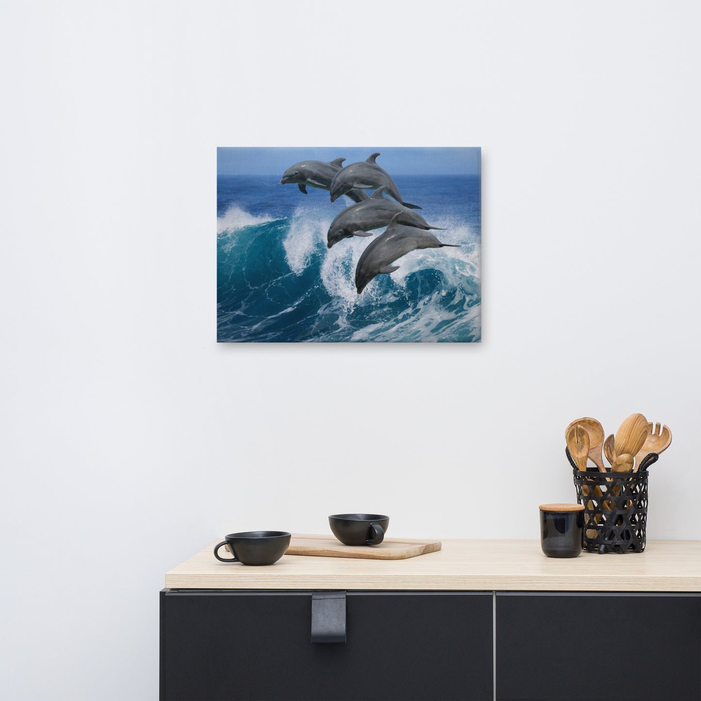 Four Bottle Noise Dolphins Jumping Waves In Tropical Blue Ocean Animal Wildlife Photograph Canvas Wall Art Print