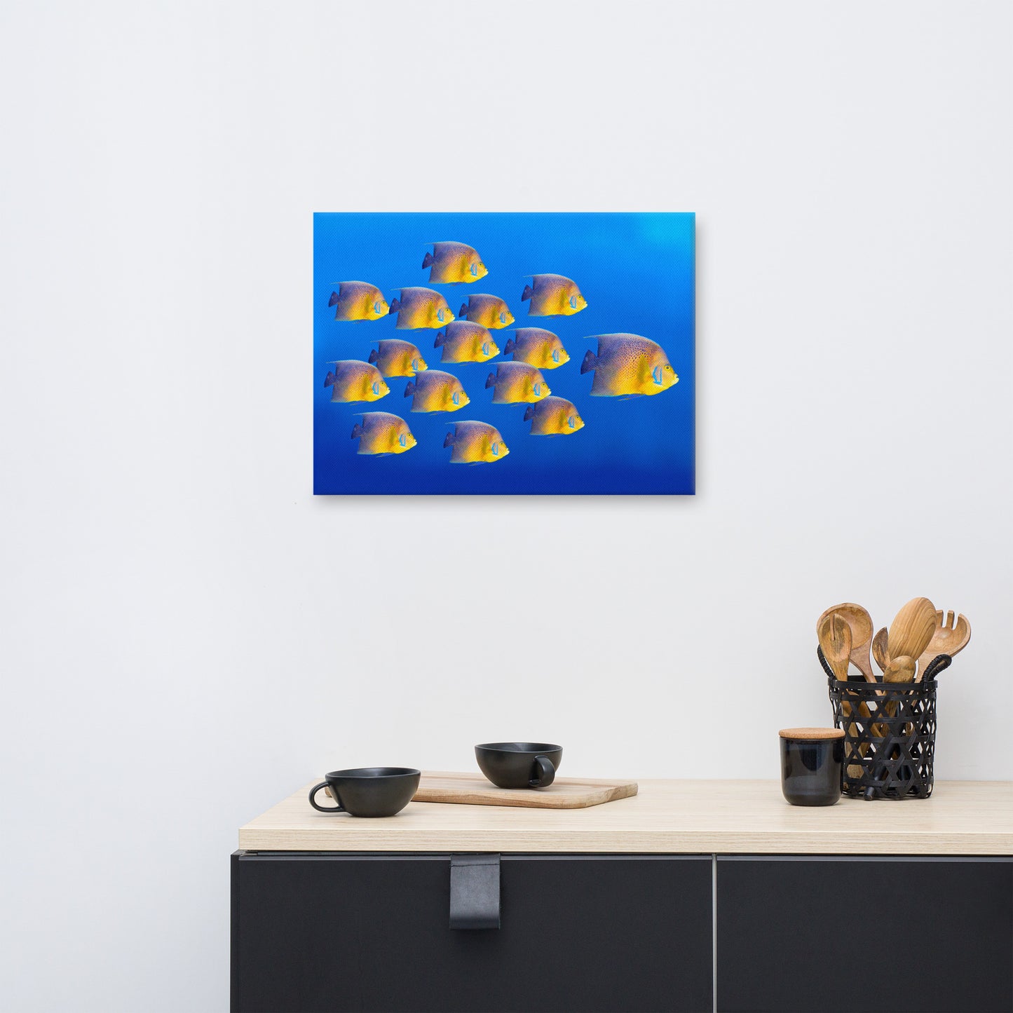 School of Tropical Coral Fish Angelfish Isolated In Blue Ocean Water Animal Wildlife Photograph Canvas Wall Art Prints