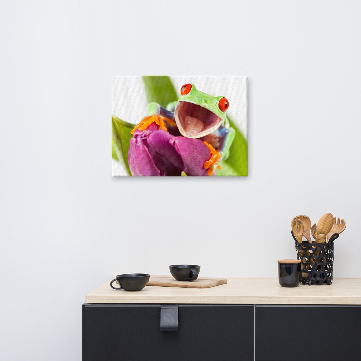 Happy Red Eyed Tree Frog Sitting on Purple Tulip Flower Bloom Wildlife Nature Photo Canvas Wall Art Print