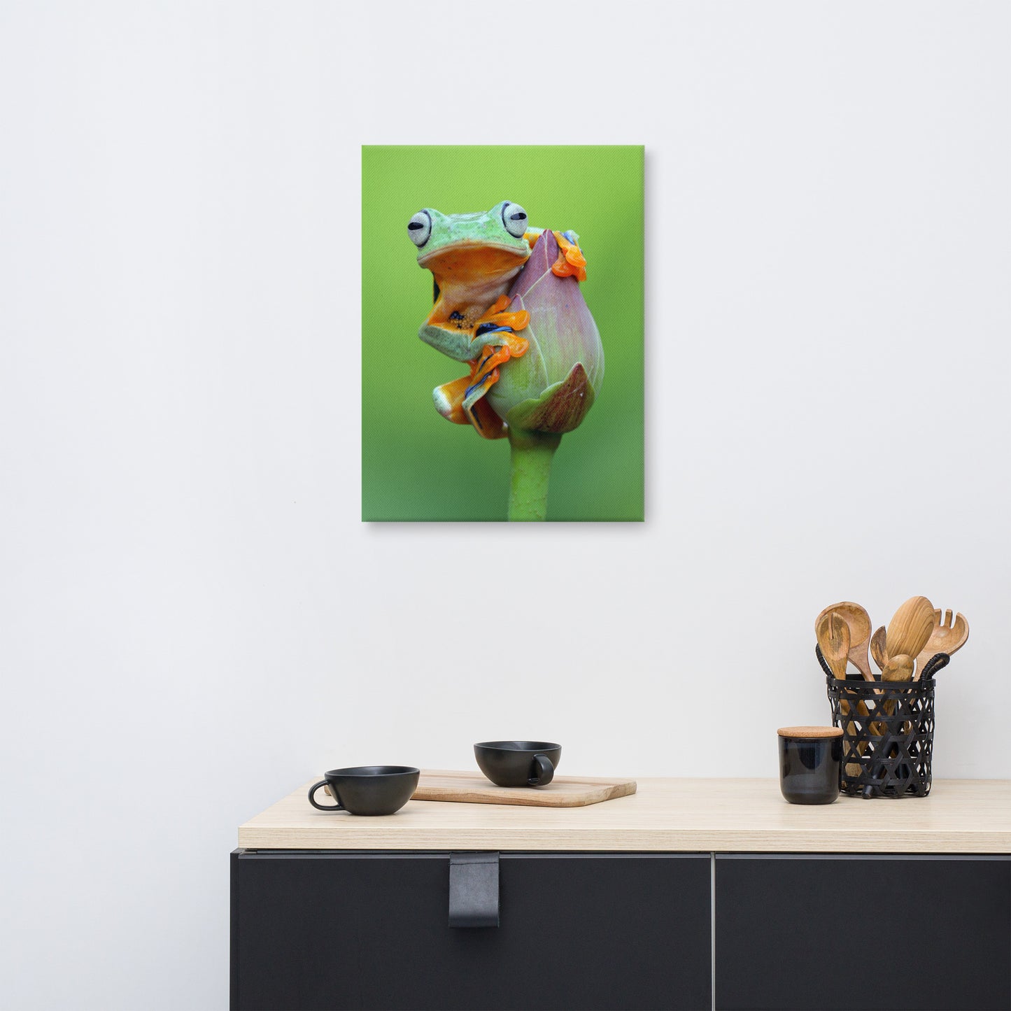 Tiny Green Tree Frog on Lotus Bloom Animal Wildlife Floral Nature Photograph Canvas Wall Art Prints