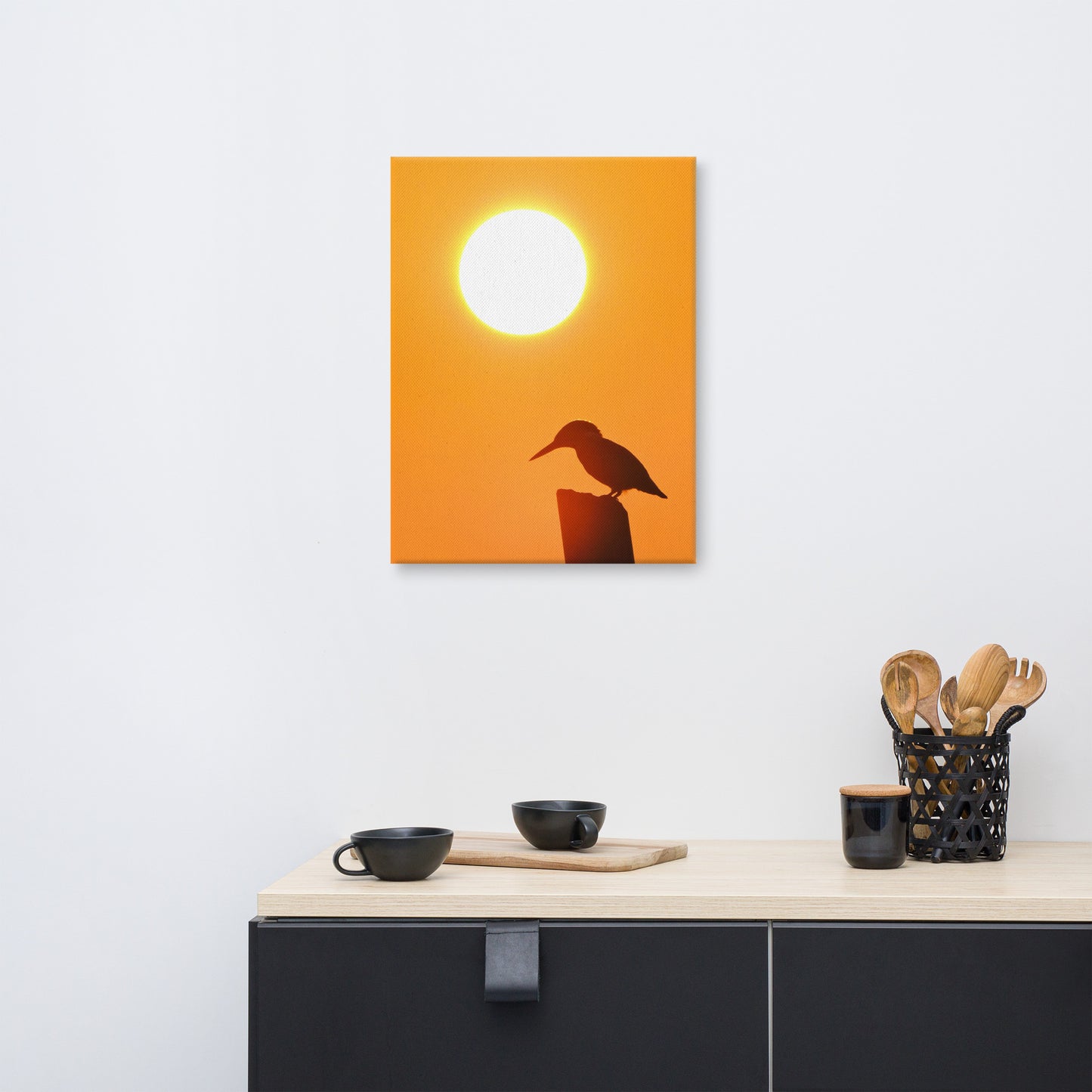 Kingfisher Bird Silhouette on Perch At Sunset Animal Wildlife Nature Photograph Canvas Wall Art Prints