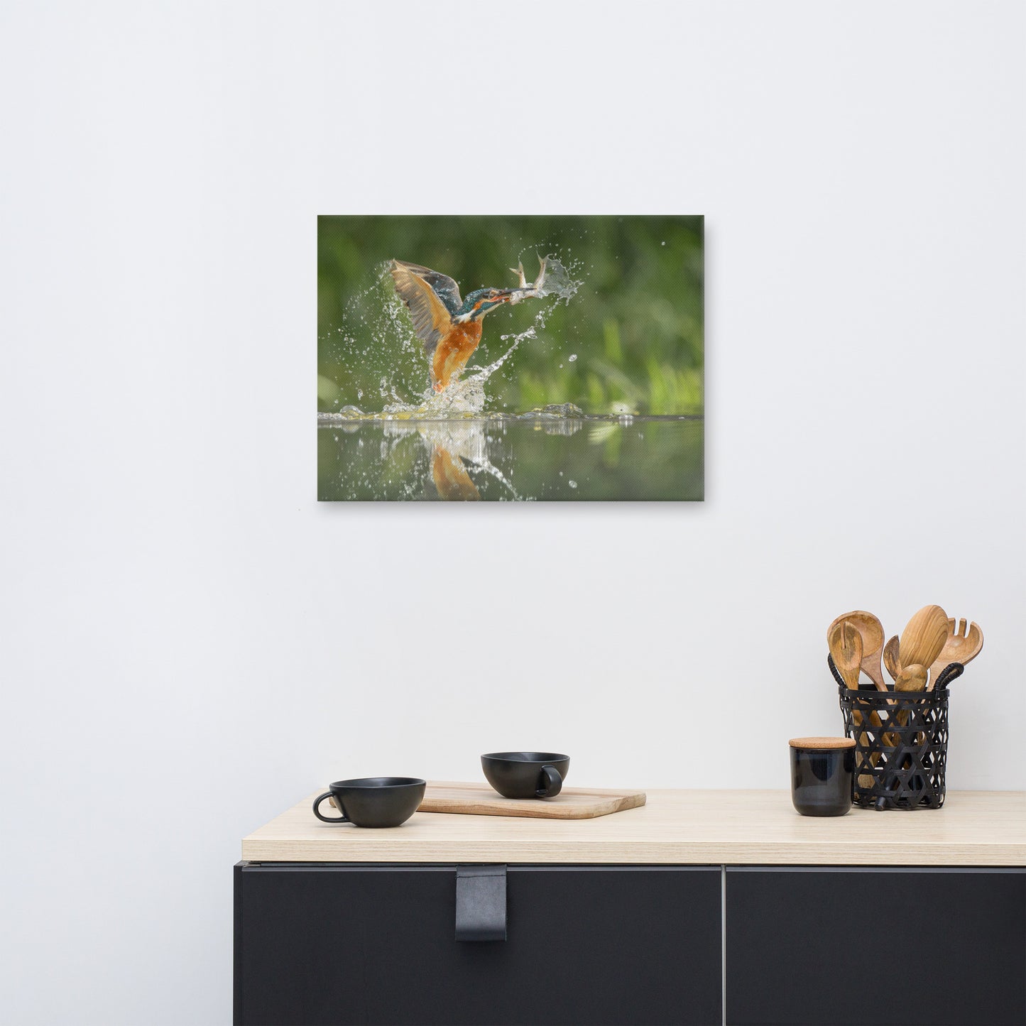 Flying Turquoise Blue and Orange Common Kingfisher Bird With Fish Animal Wildlife Photograph Canvas Wall Art Prints