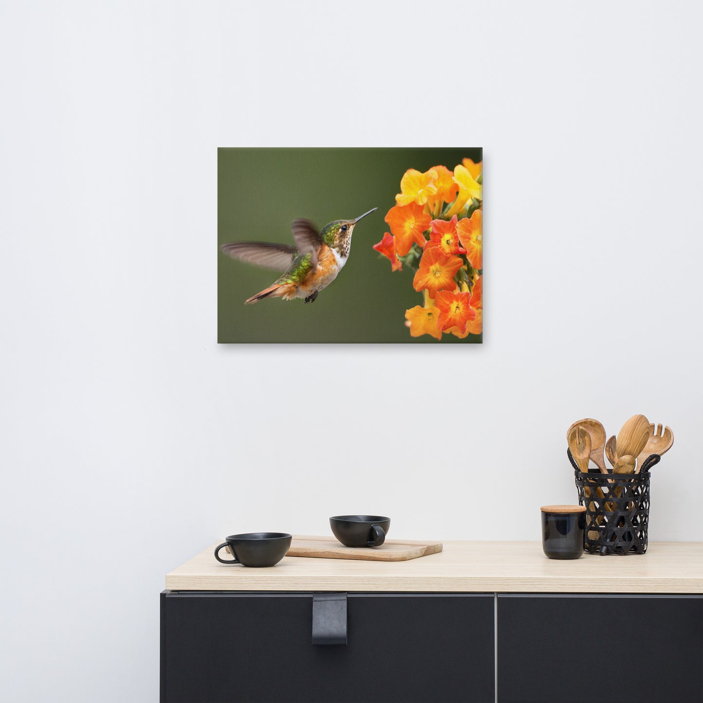 Hummingbird with Little Yellow-Orange Flowers Animal Wildlife Floral Photograph Canvas Wall Art Prints