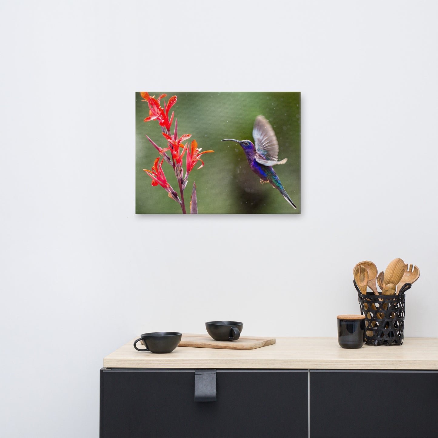 Hummingbird with Little Red Flowers Animal Wildlife Floral Photograph Canvas Wall Art Prints