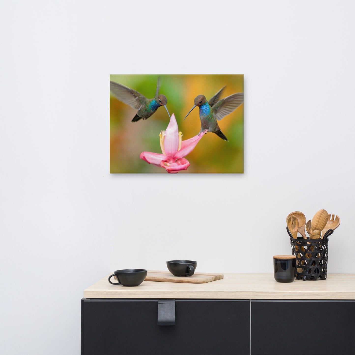 Hummingbirds with Pink Flower Bloom Animal Wildlife Floral Photograph Canvas Wall Art Print