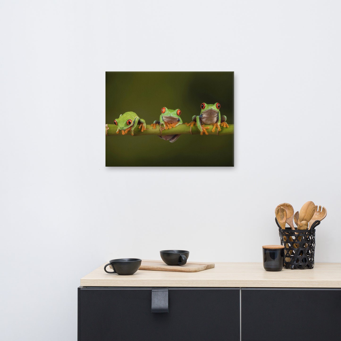 Three Tiny Green Red Eyed Tree Frog Photograph Canvas Wall Art Print