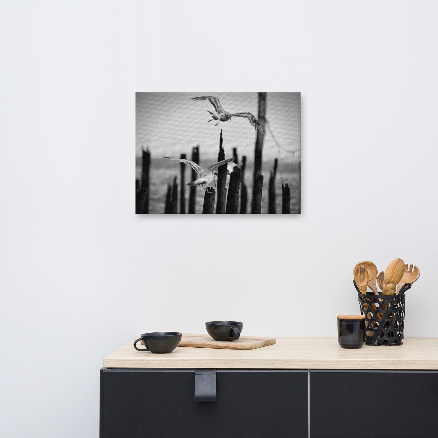 Flying Sea Gull in Black and White Animal / Wildlife Photograph Canvas Wall Art Prints