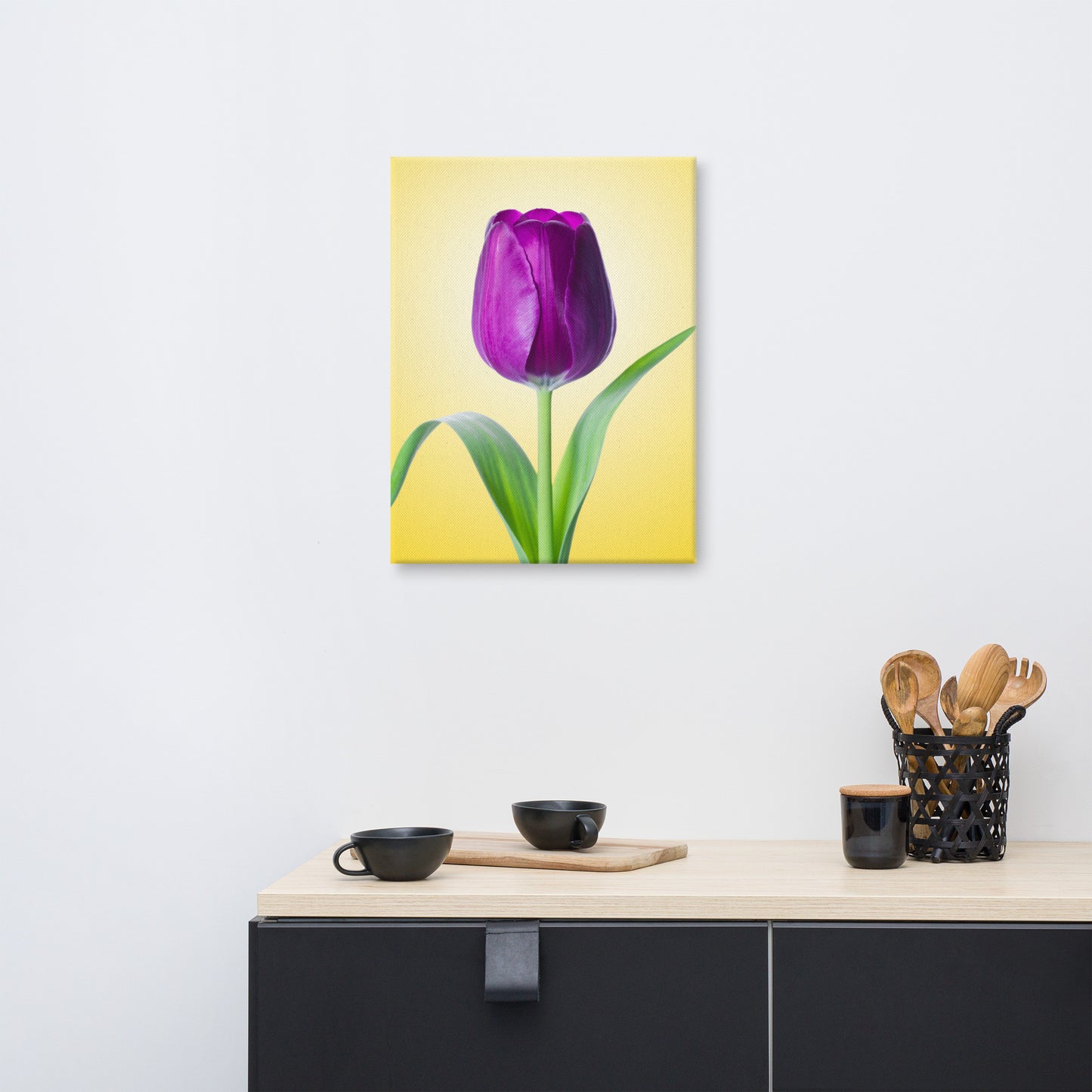 Purple Tulip on Yellow Minimal Floral Botanical Nature Photo Canvas Wall Art Print