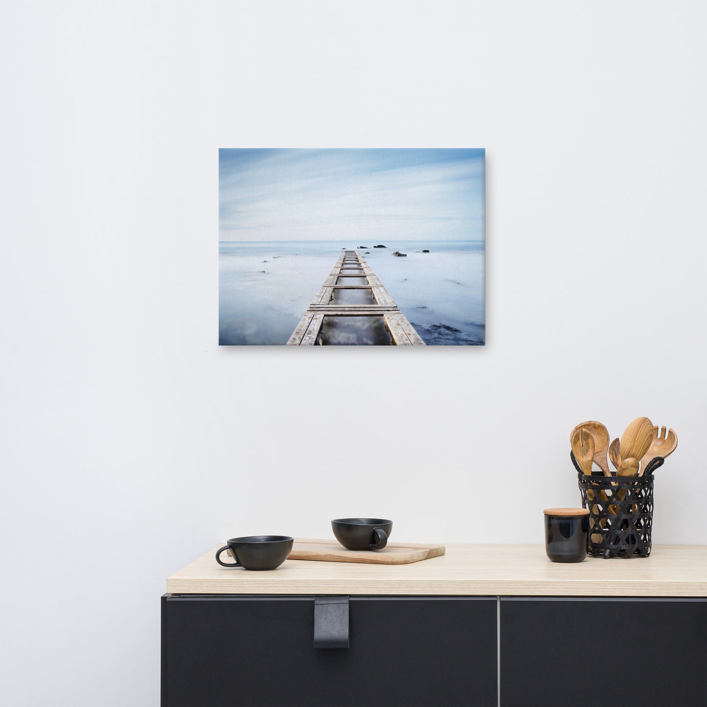 Moody Ocean and Sky Wooden Pier Landscape Photo Canvas Wall Art Prints