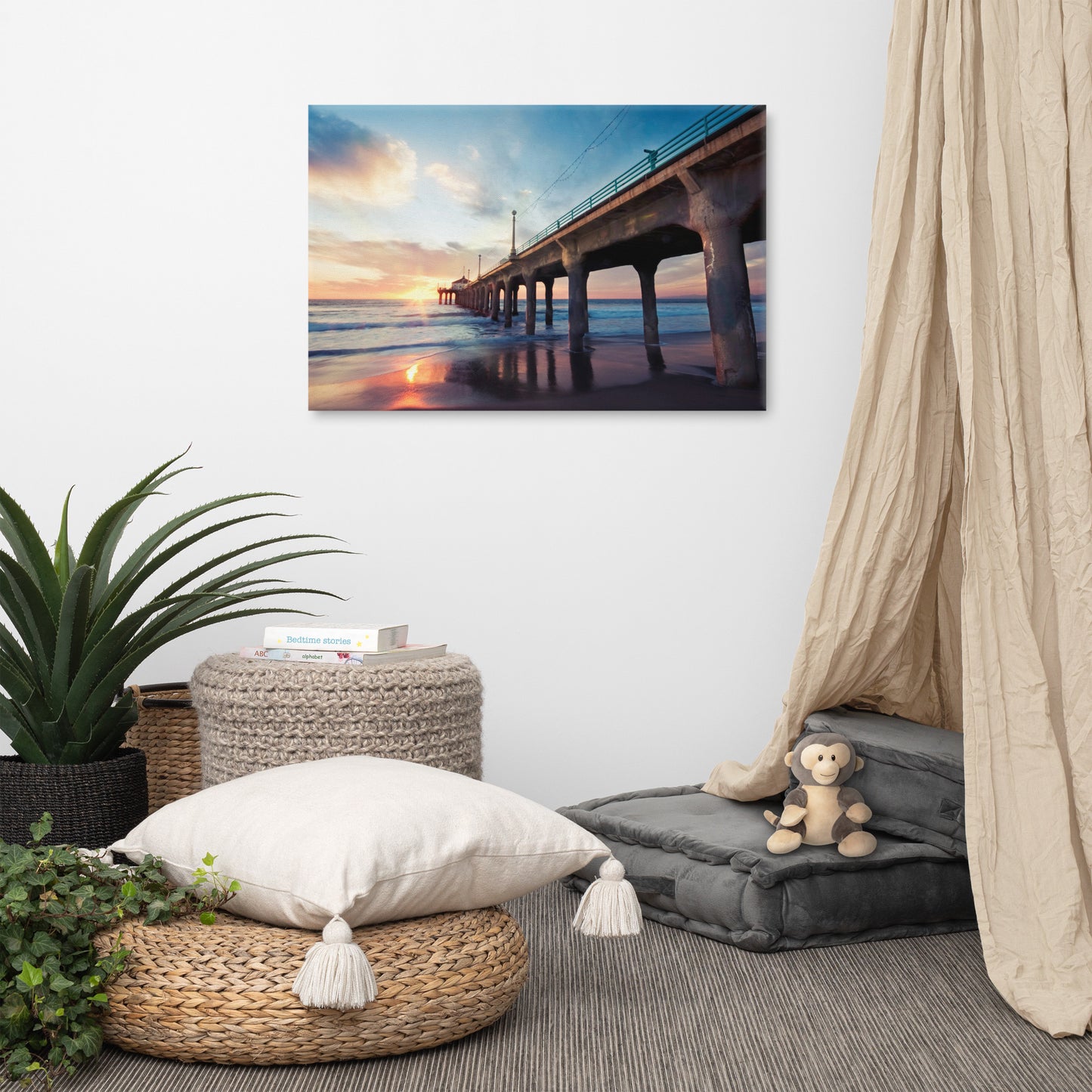 Tranquil Manhattan Beach Pier at Sunset Coastal Landscape Photo Canvas Wall Art Prints