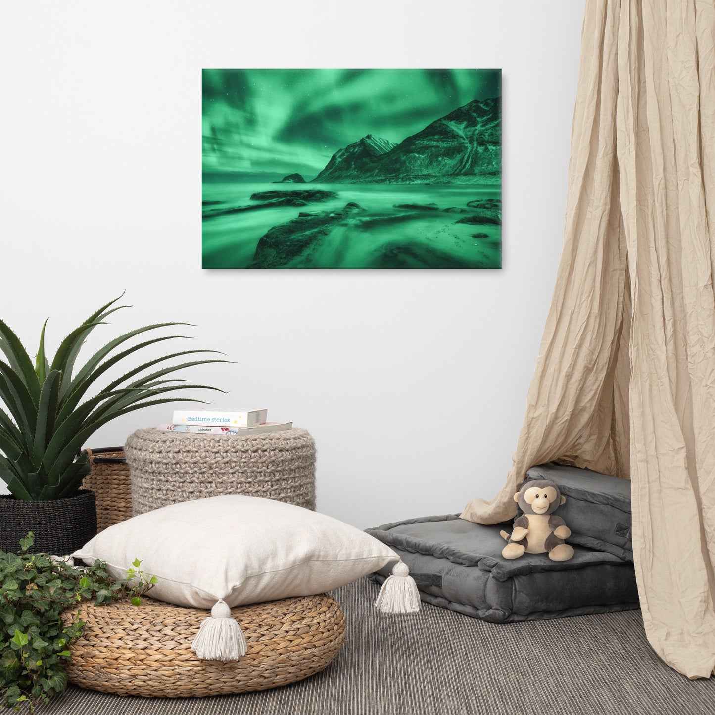 Green Northern Lights and Mountain Coast Lofoten islands, Norway Landscape Photo Canvas Wall Art Prints