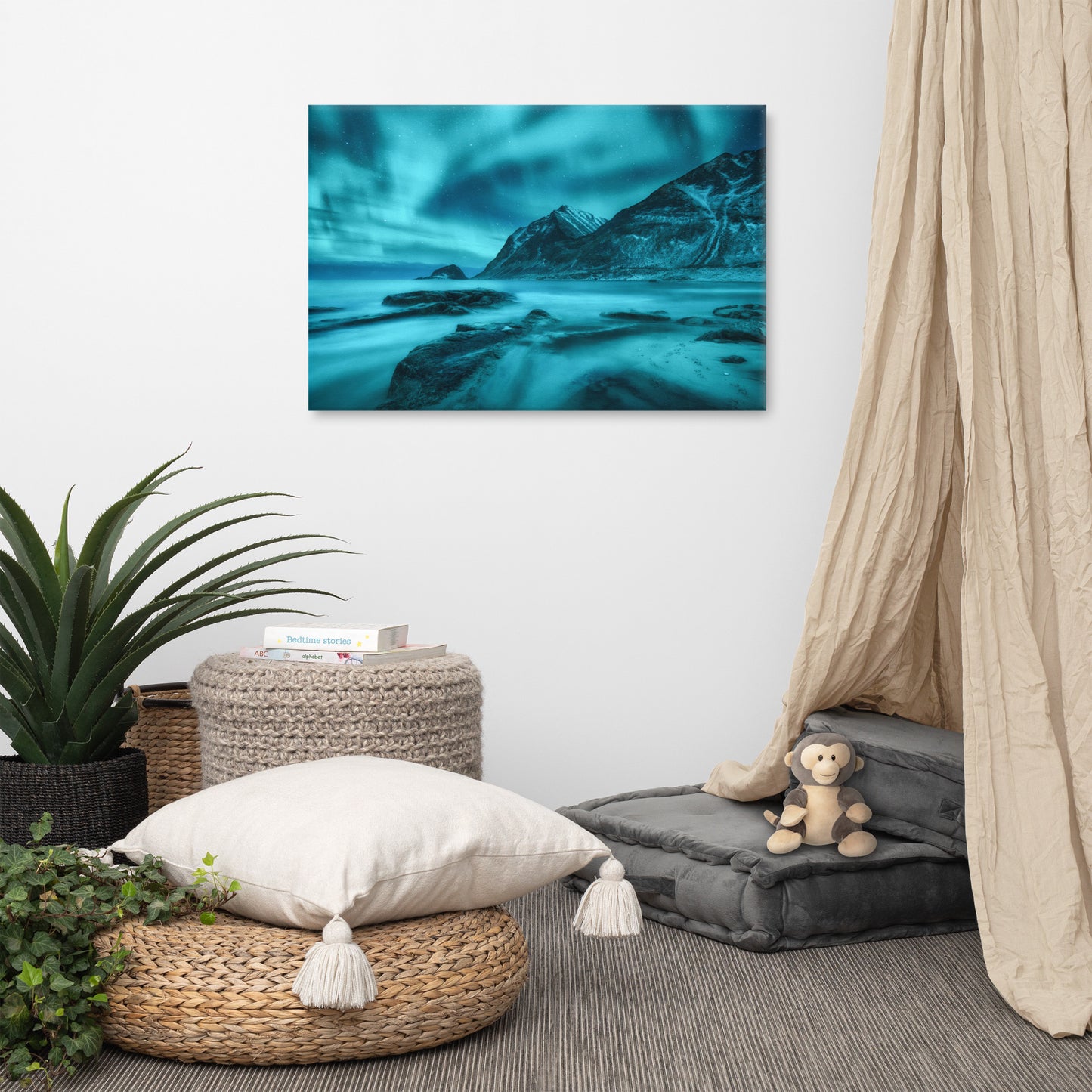 Blue Northern Lights and Mountain Coast Lofoten islands, Norway Landscape Photo Canvas Wall Art Prints
