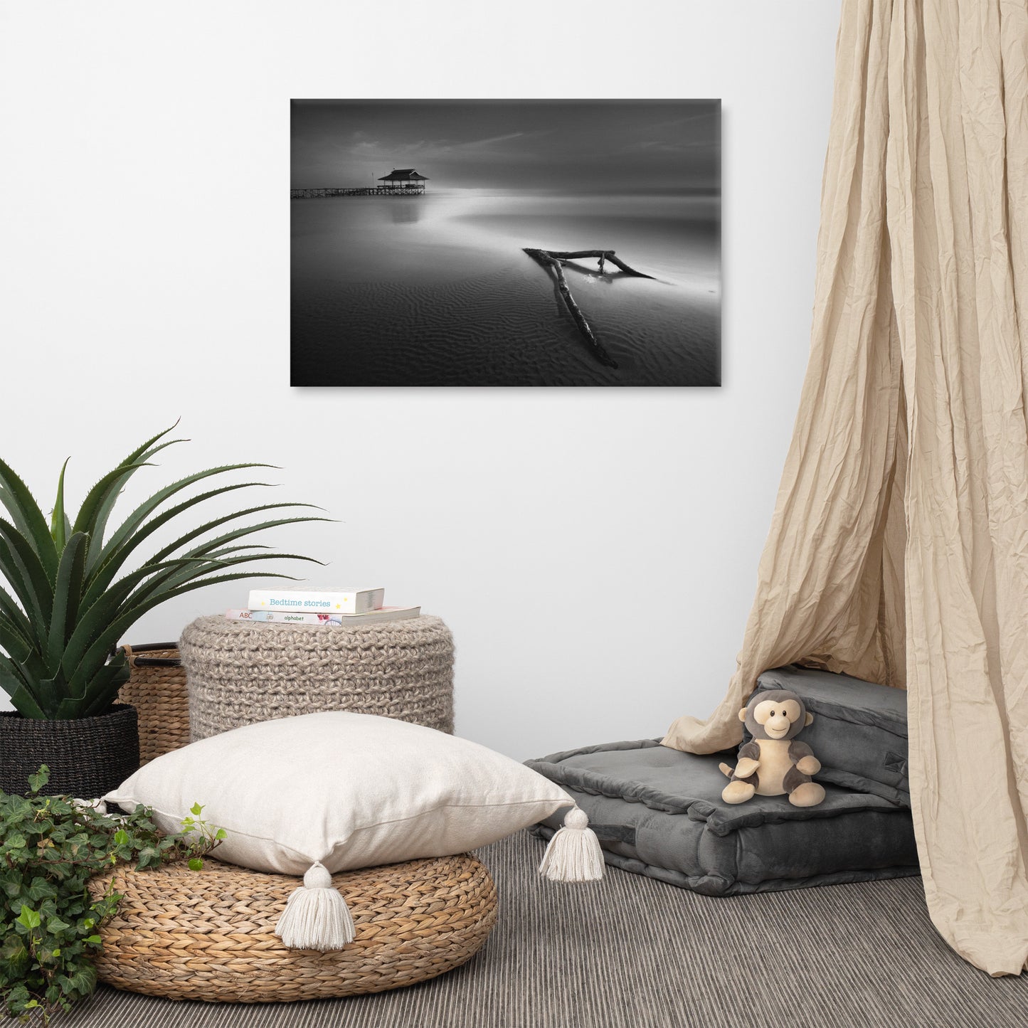 Dramatic Beach with Driftwood Black and White Coastal Landscape Photo Canvas Wall Art Prints