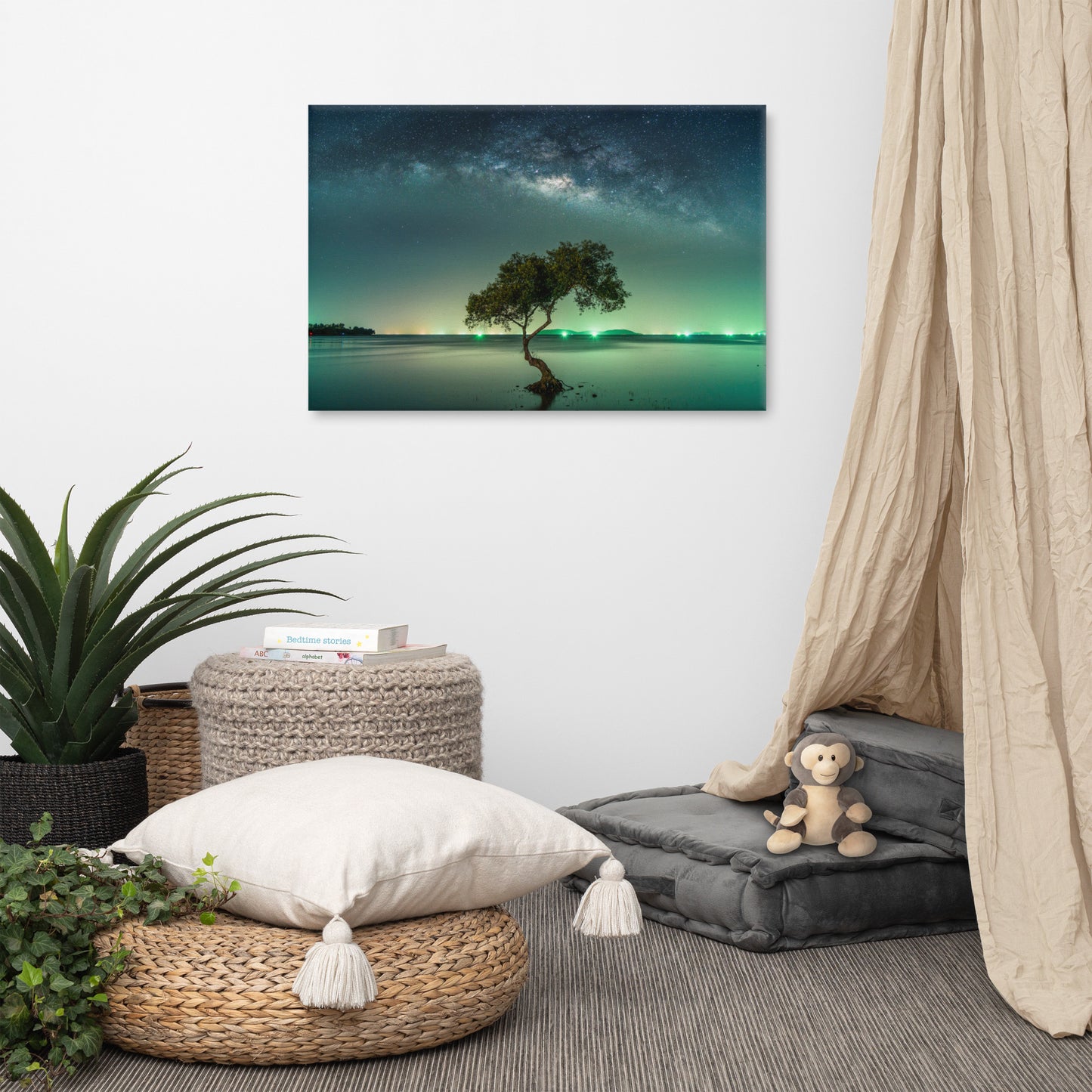 Glowing Milky Way Galaxy with Tree Landscape Photo Canvas Wall Art Prints
