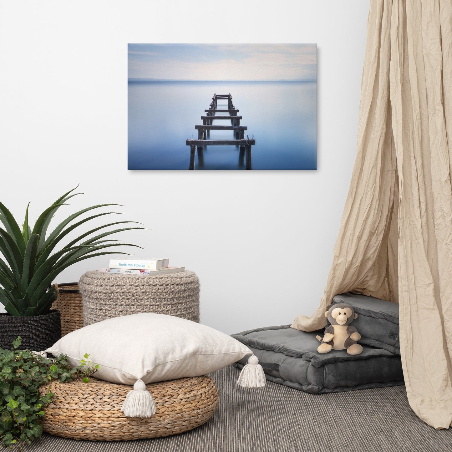 Soft Blue Lake and Abandoned Pier Landscape Photo Canvas Wall Art Prints