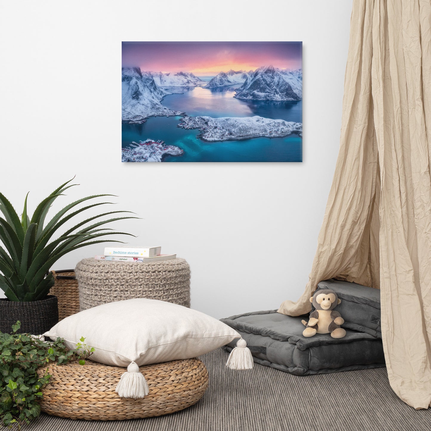 Reine at Winter Sunset Icy Mountain Landscape Photo Canvas Wall Art Prints