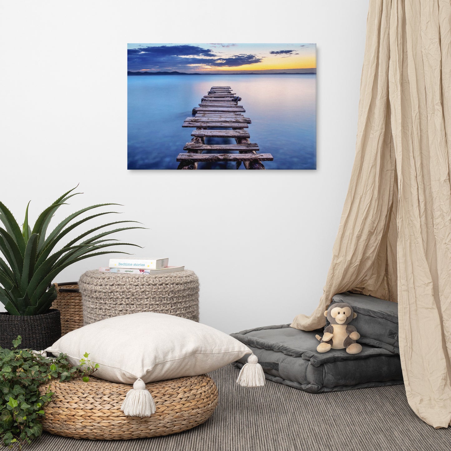 Old Weathered Lake Pier at Sunset Landscape Photo Canvas Wall Art Prints