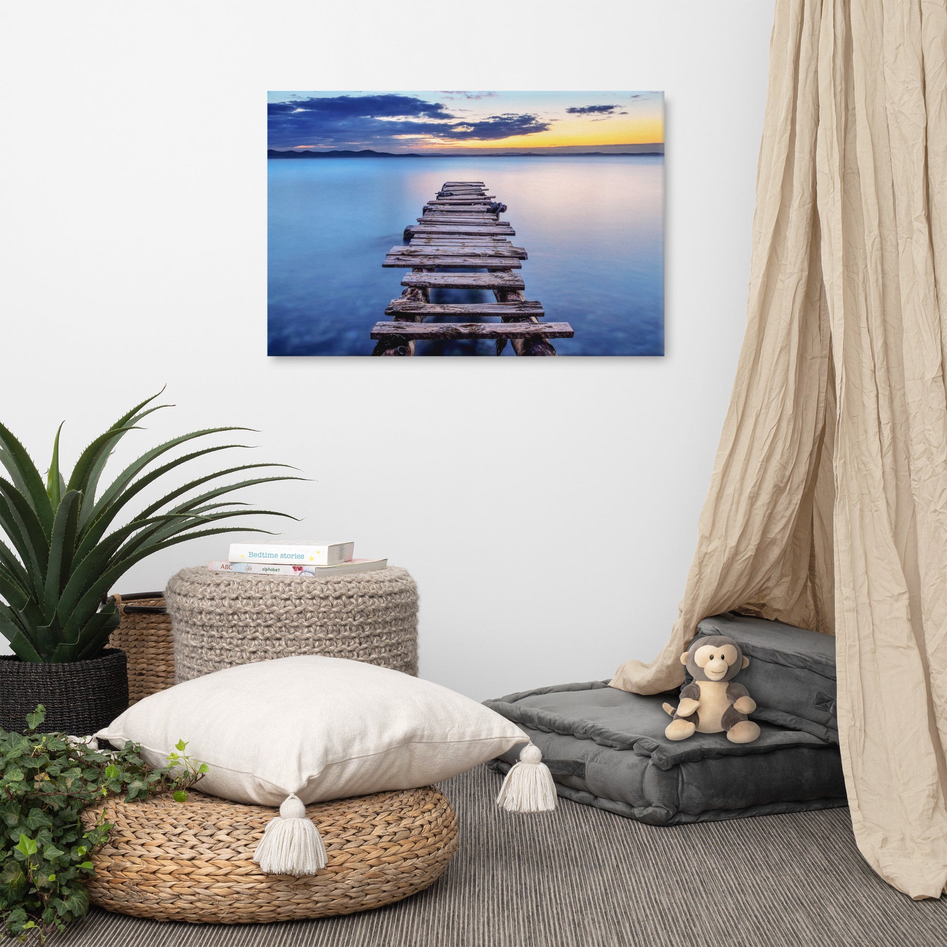 Old Weathered Lake Pier at Sunset Landscape Photo Canvas Wall Art Prints