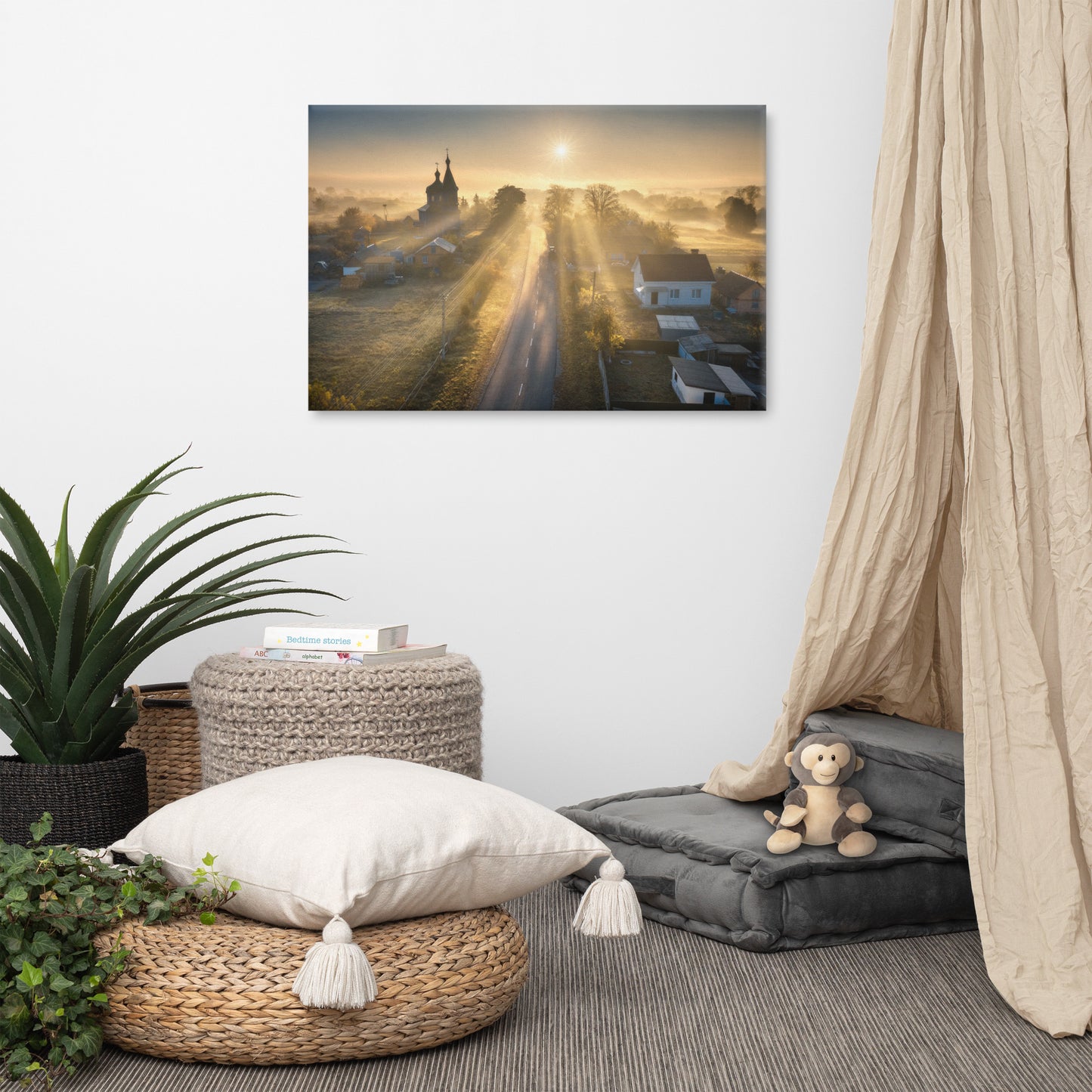 Misty Rural Town Sunrise in Autumn with Glory Rays Landscape Photo Canvas Wall Art Prints