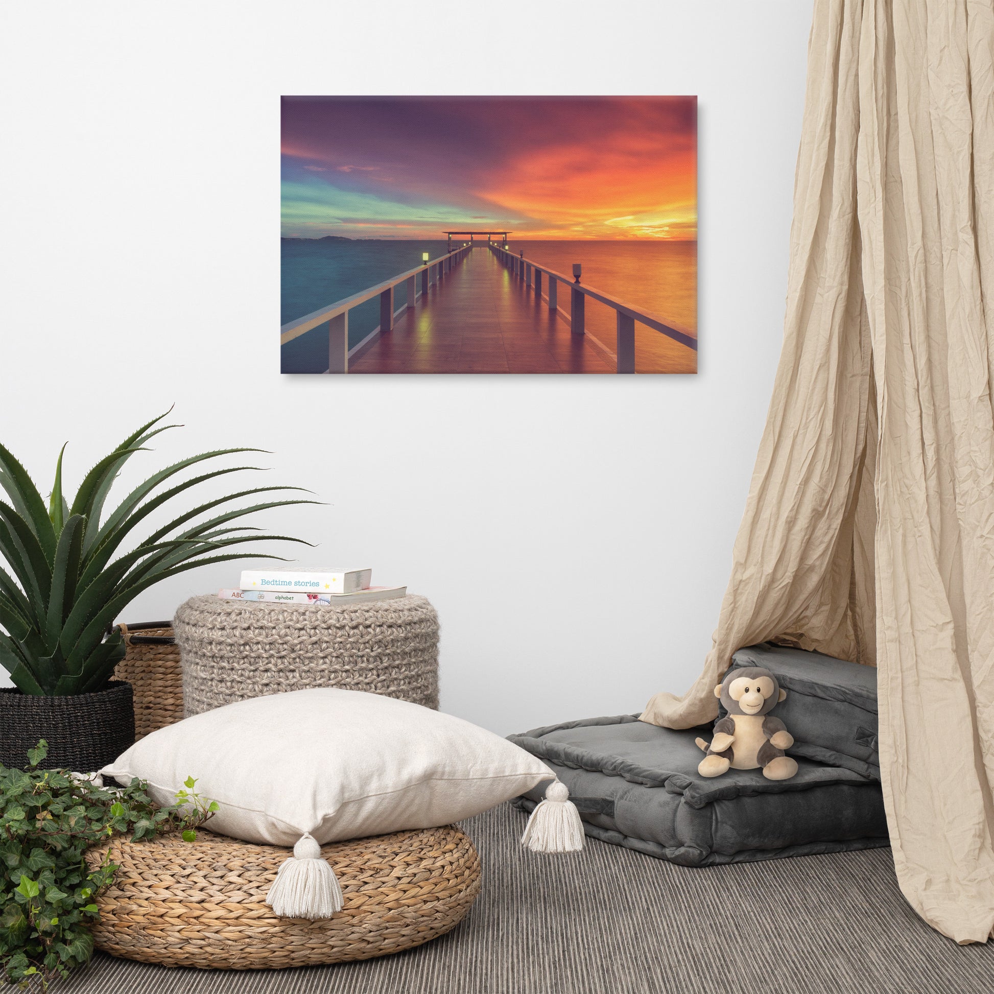 Zen Wall Art For Bedroom: Surreal Wooden Pier At Sunset with Intrigued Effect Landscape Photo Canvas Wall Art Prints