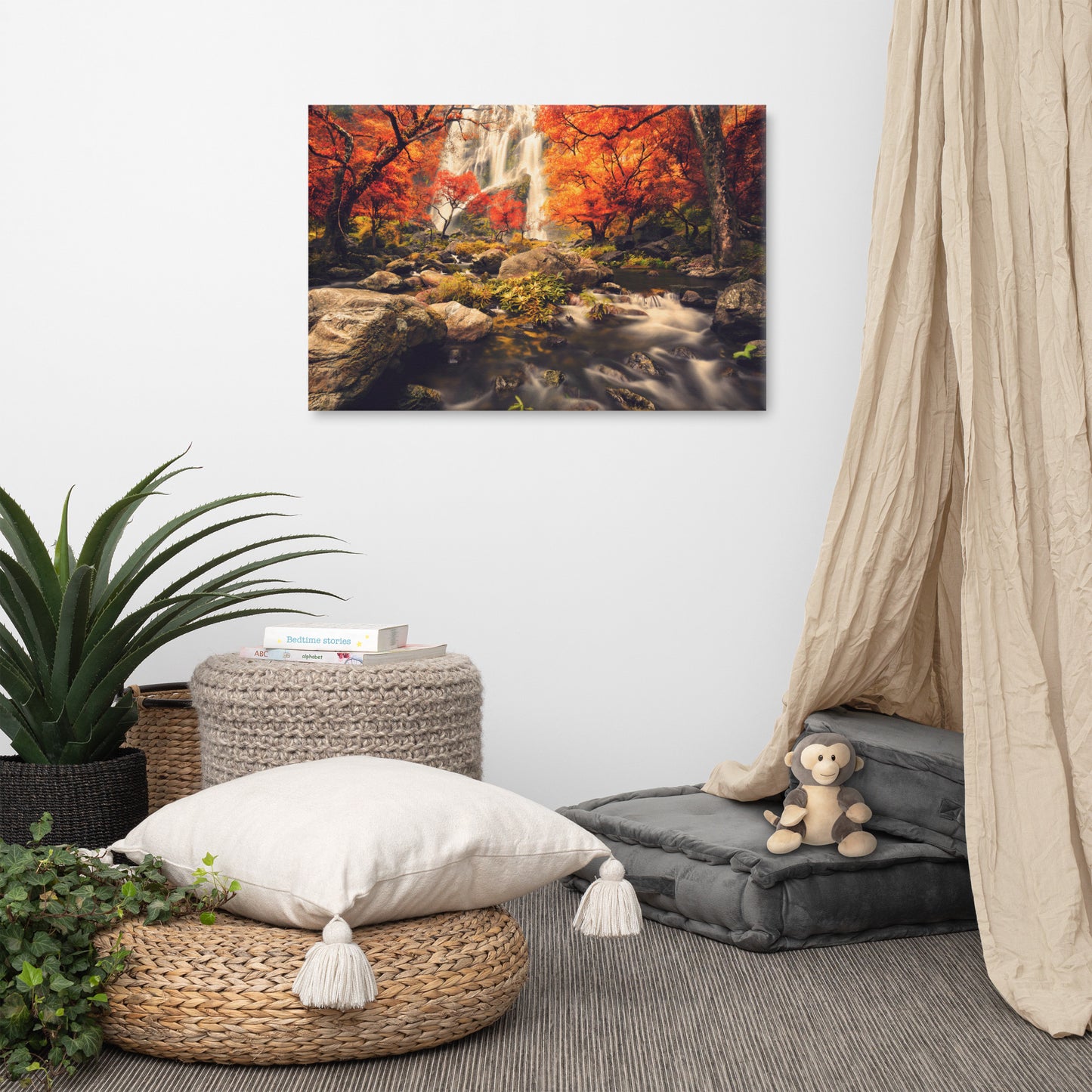 Waterfall in the Autumn with Golden Shadow Effect Landscape Photo Canvas Wall Art Prints