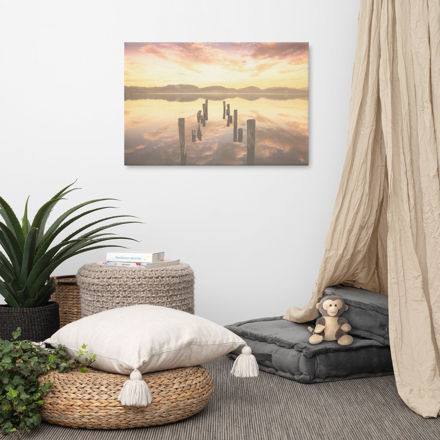 Sunset Pillars and Reflections on Lake Landscape Photo Canvas Wall Art Prints