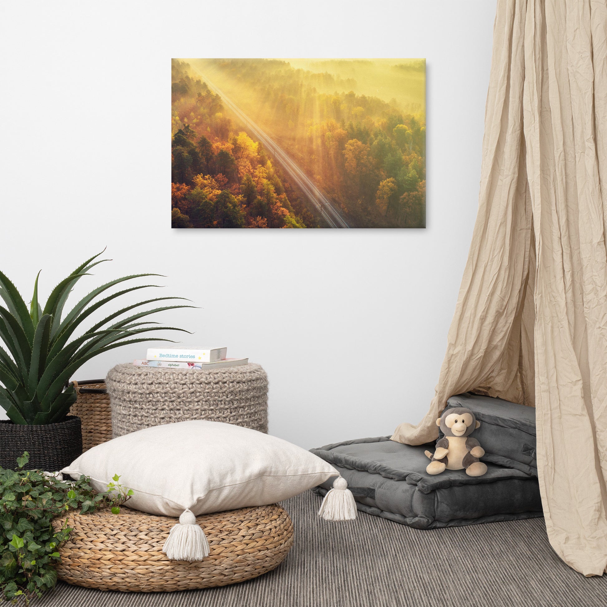Sunrise Railroad Though Misty Forest With Golden Haze Effect Landscape Photo Canvas Wall Art Prints